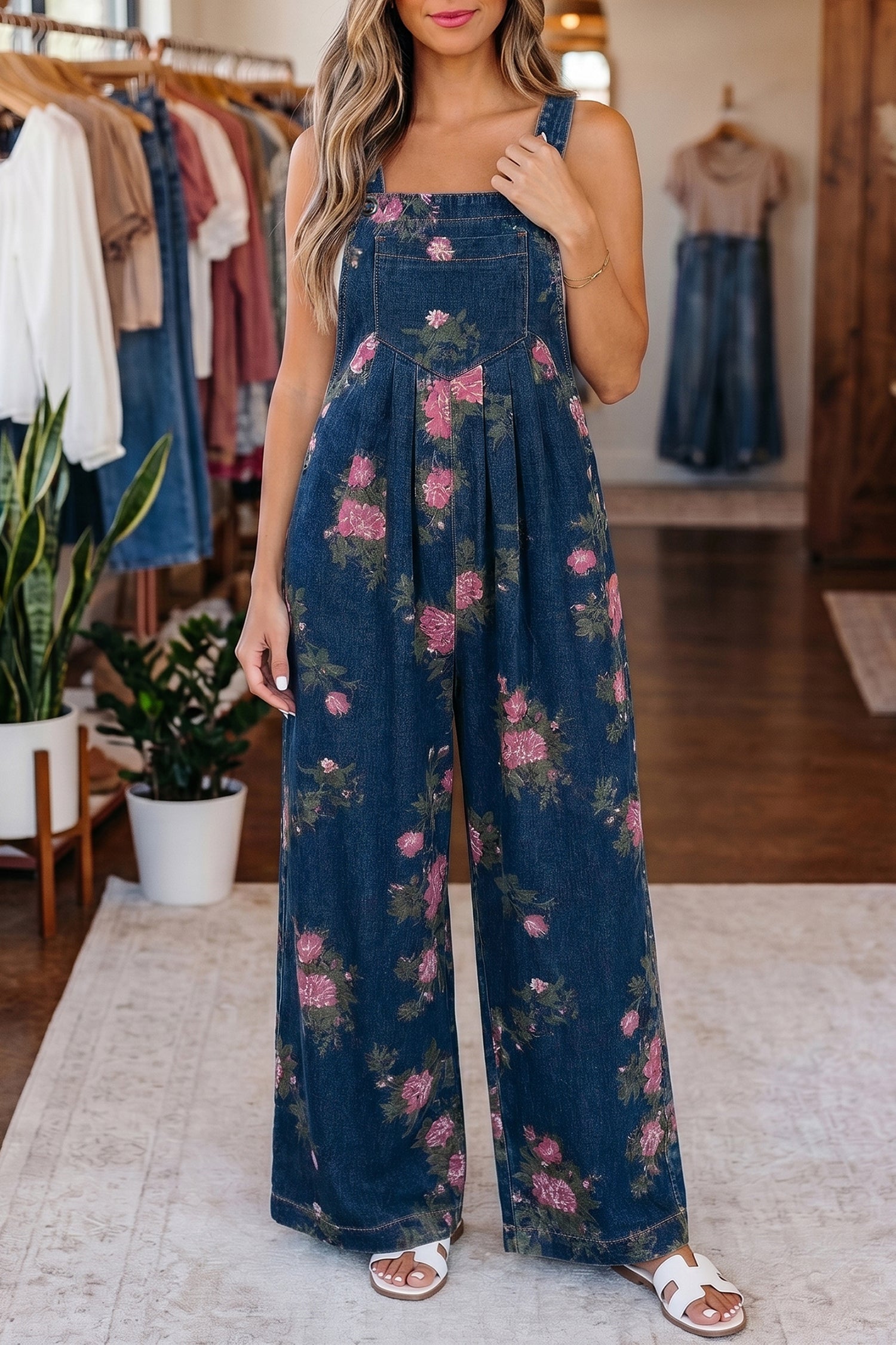 LivelyLooks Floral Print Pleated High Waist Wide Leg Denim Jumpsuit | S-XL women's fashion