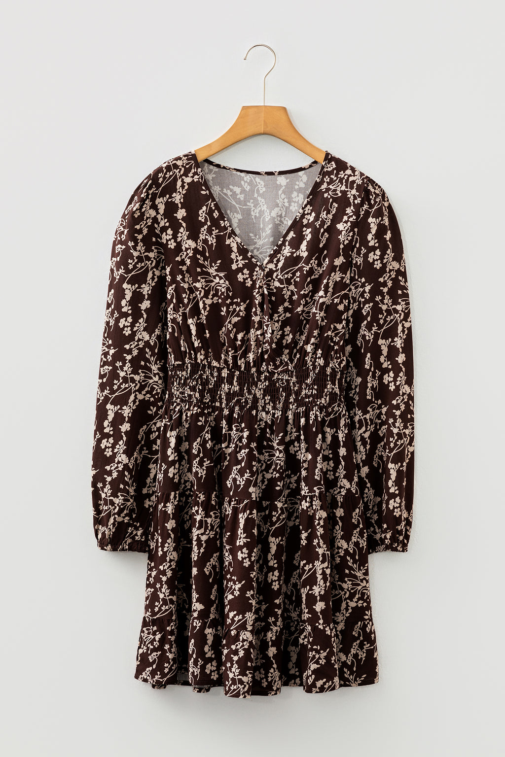 Brown Ditsy Floral Mini Dress Split Neck Long Sleeve Shirred Waist Flared Women S-XL