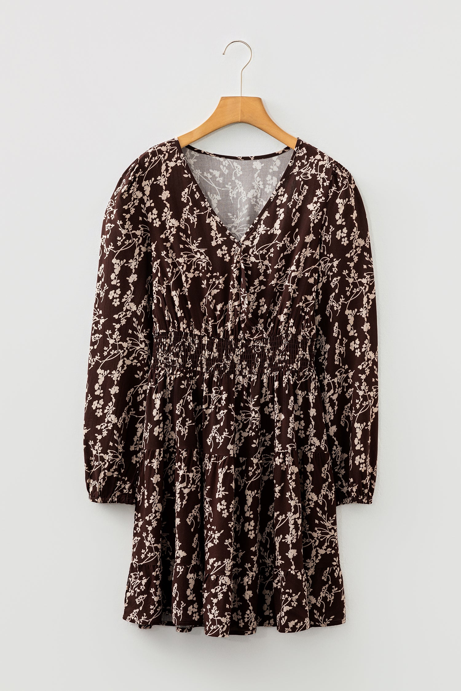 Brown Ditsy Floral Mini Dress Split Neck Long Sleeve Shirred Waist Flared Women S-XL