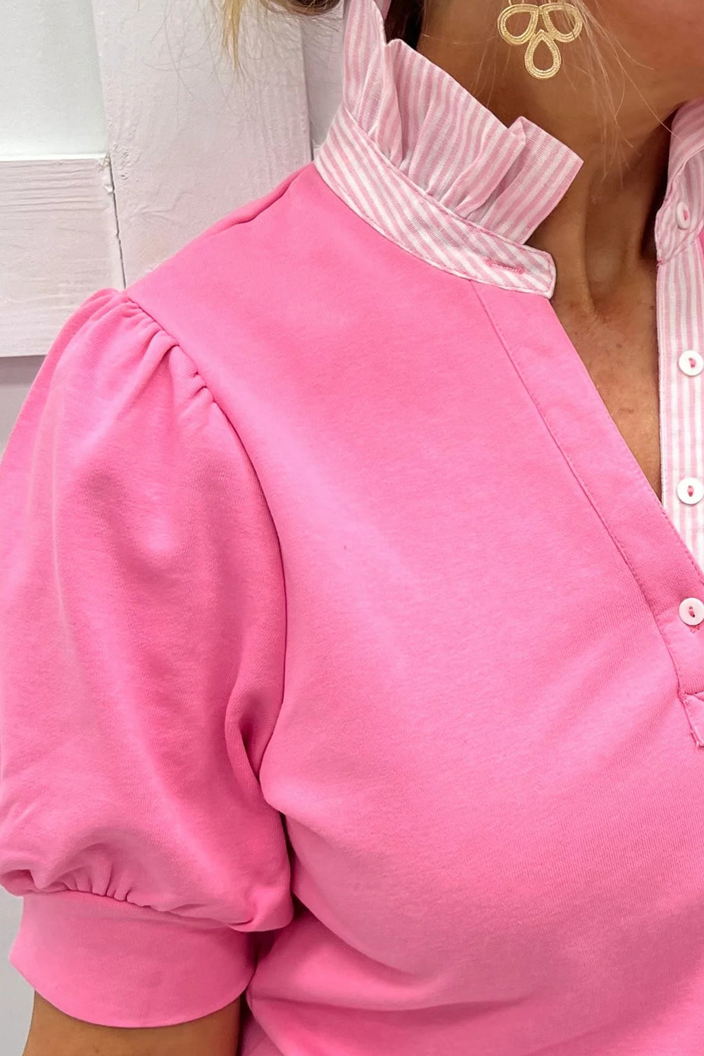 Women's Fiery Red Striped Frilled Collar Puff Sleeve Blouse at LivelyLooks