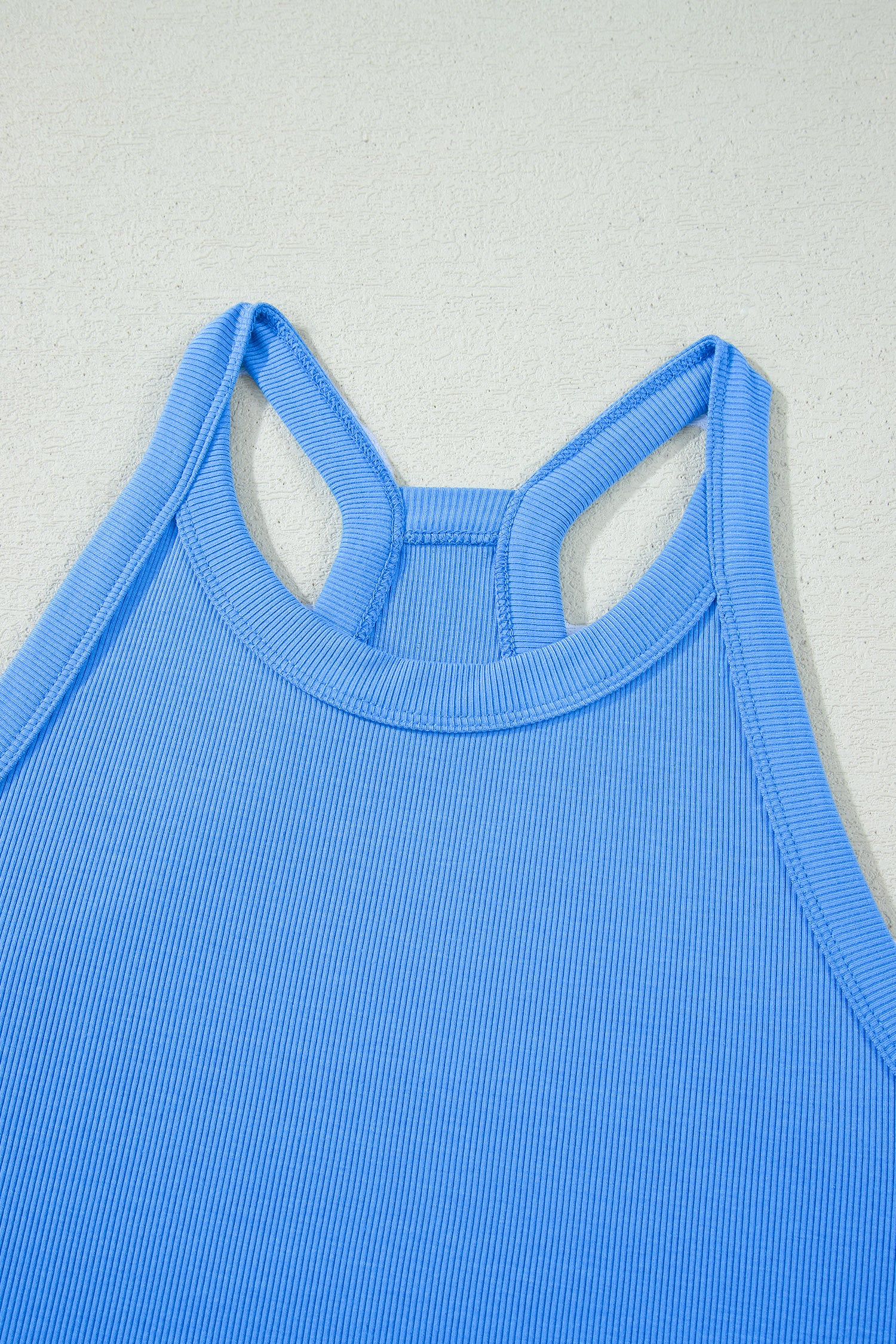 Ribbed Slim Tank Top & High Waist Shorts Set – Sky Blue, Pink & Green