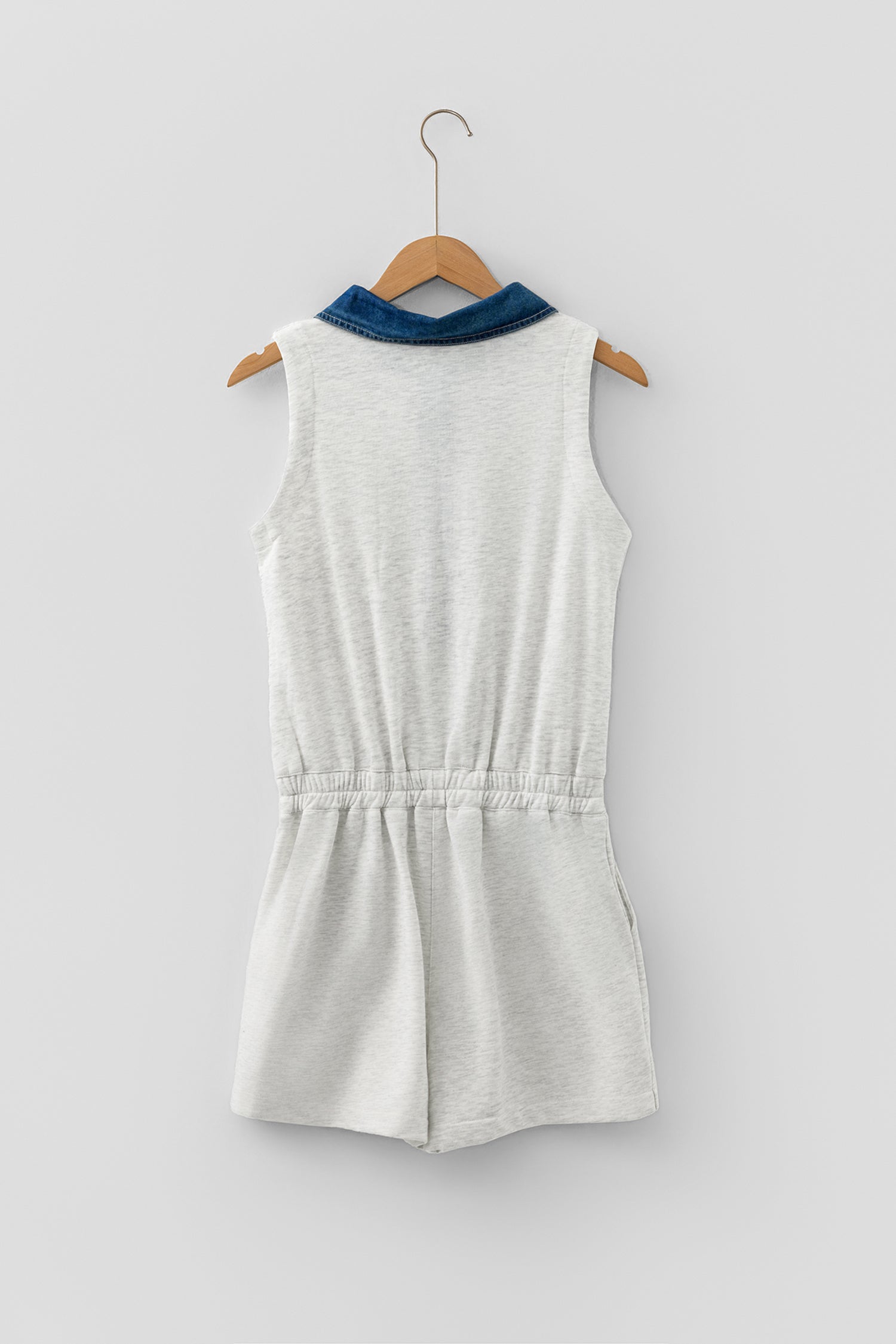 Light Grey Denim Patchwork Polo Collar Sleeveless Romper | UK 8–18