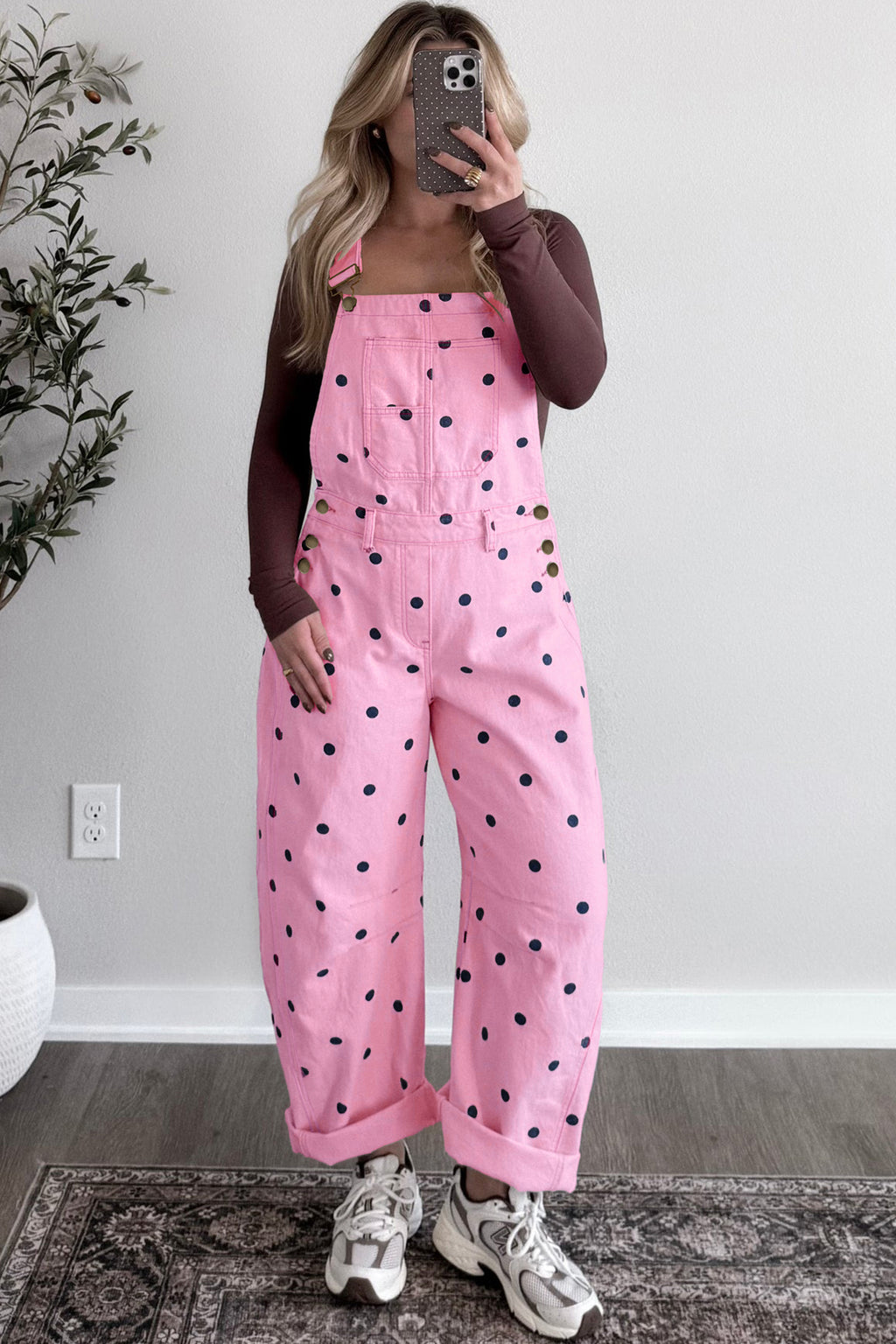 Polka Dot Denim Barrel Overalls Jumpsuit | Cream Beige Pink UK 8–22