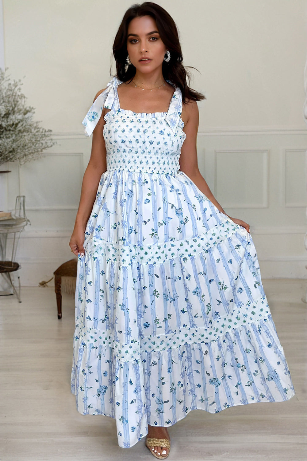 Women's Blue Floral Smocked Tied Straps A-Line Tiered Maxi Dress S-XL at LivelyLooks