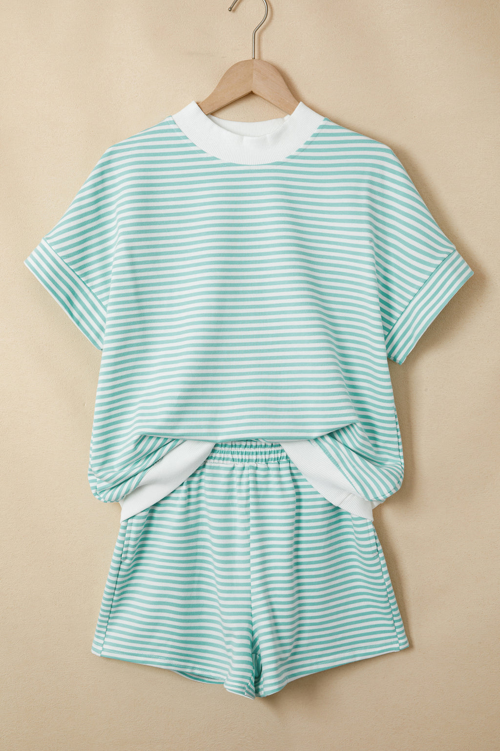 Striped Cuffed Sleeve Mock Neck Tee & Shorts Co-ord | Sky Blue, Pink & Green