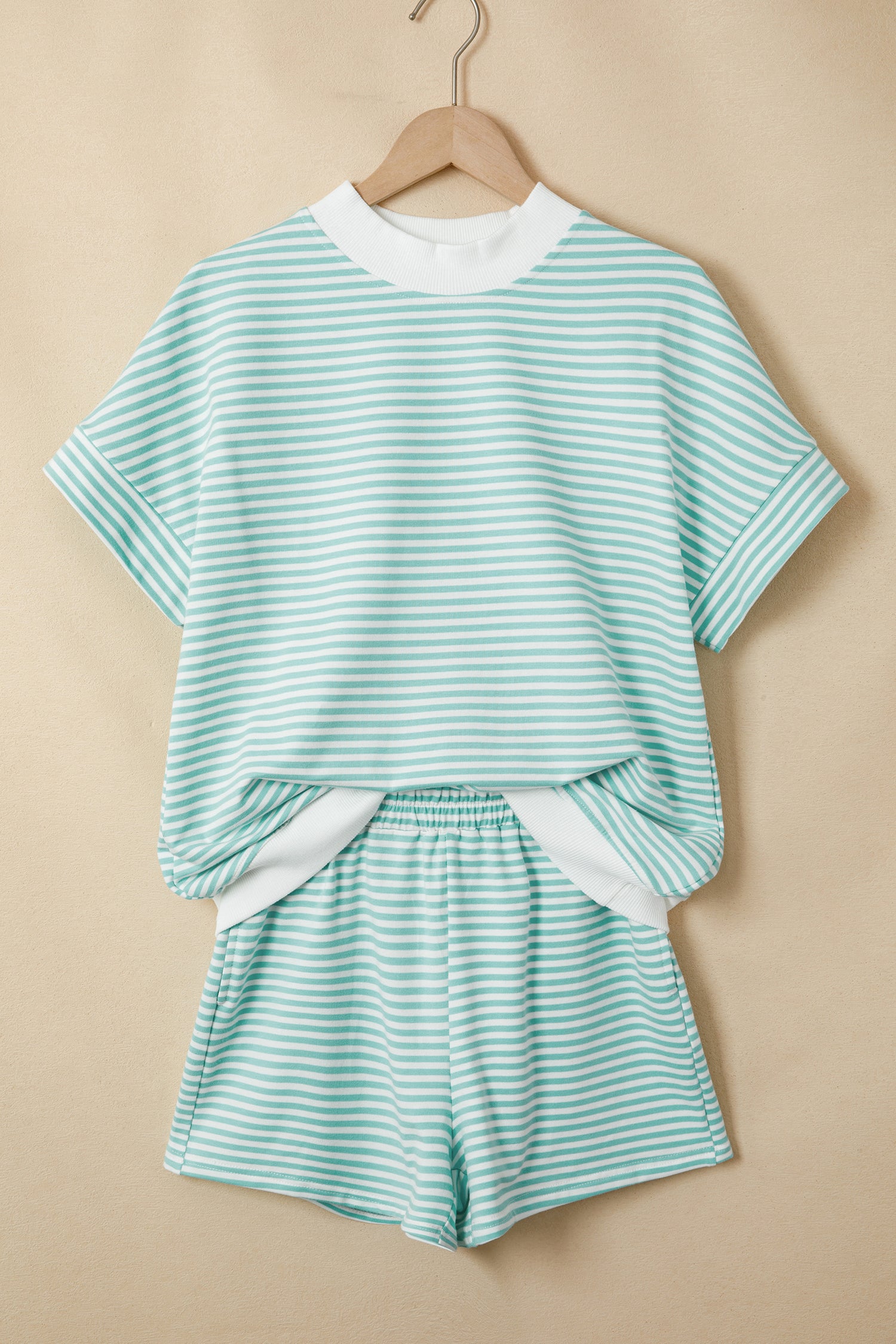 Striped Cuffed Sleeve Mock Neck Tee & Shorts Co-ord | Sky Blue, Pink & Green