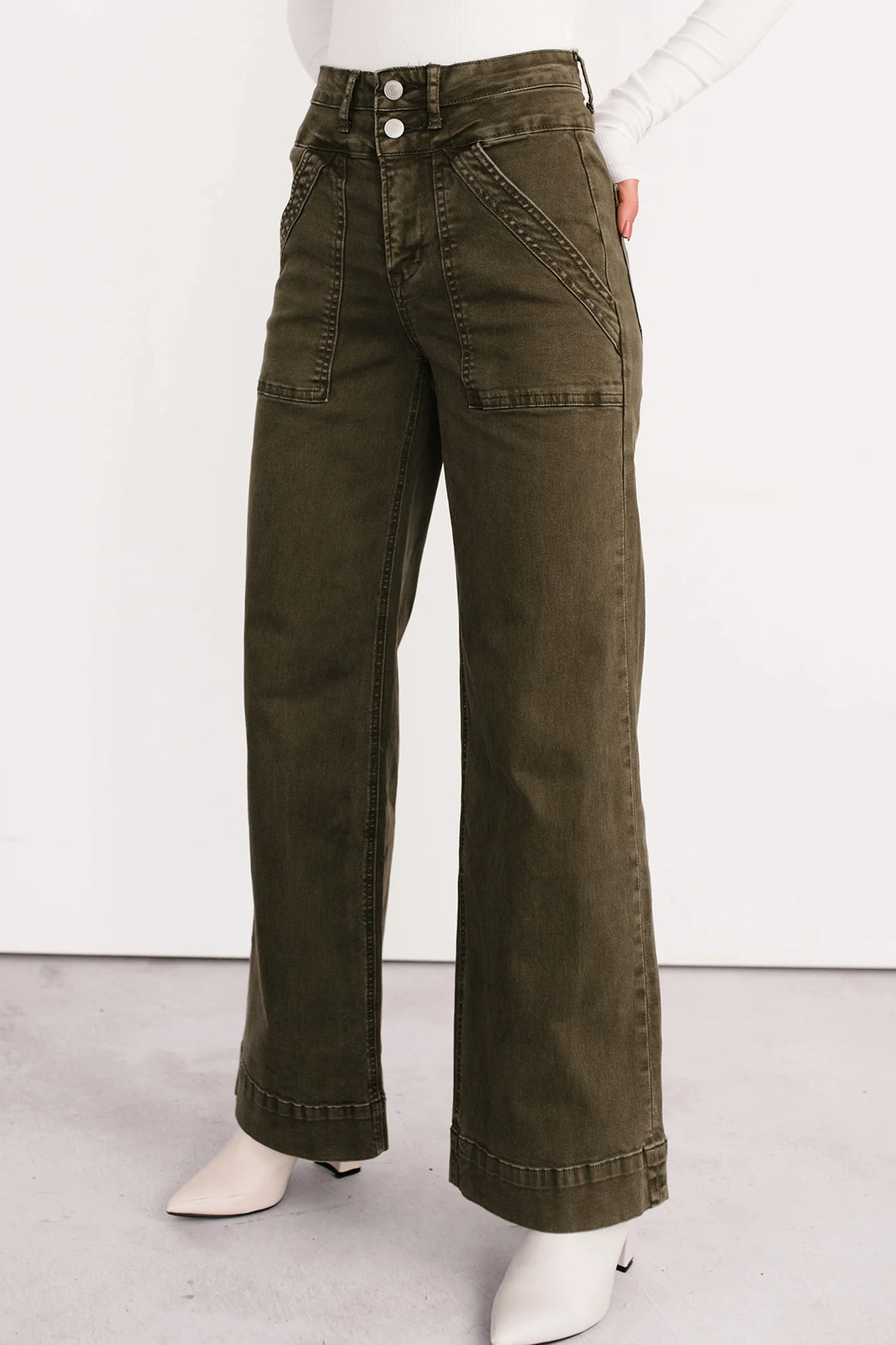 Women's Women's Loose Straight Jeans Double Waistband Jungle Green Sizes 4-16 at LivelyLooks