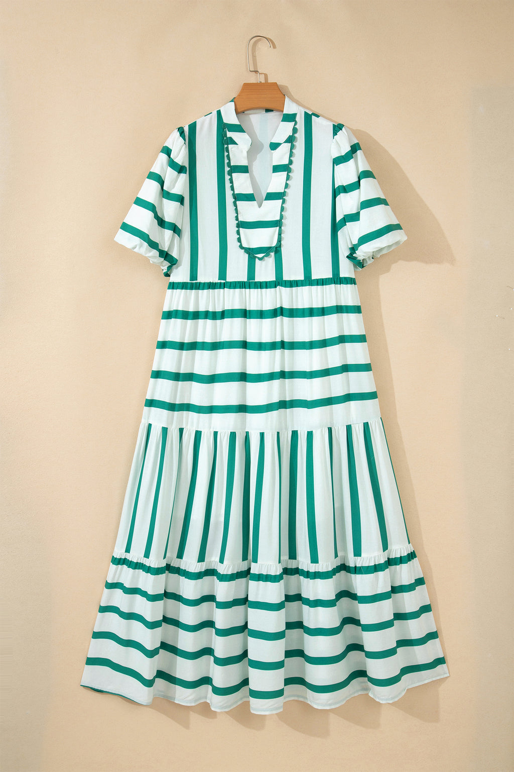 Stripe Ricrac Notch V-Neck Puff Sleeve Midi Dress Green Sky Blue S-XL