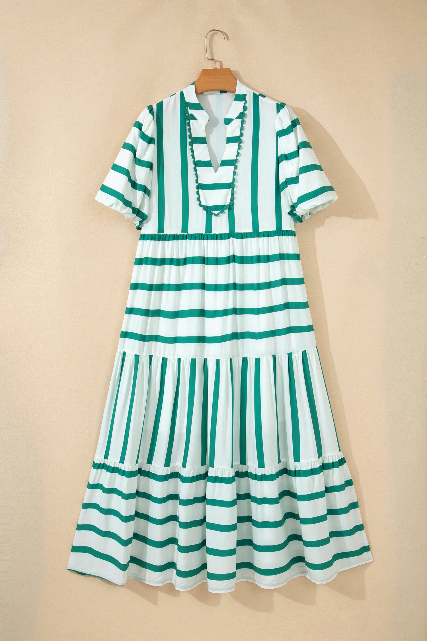 Stripe Ricrac Notch V-Neck Puff Sleeve Midi Dress Green Sky Blue S-XL