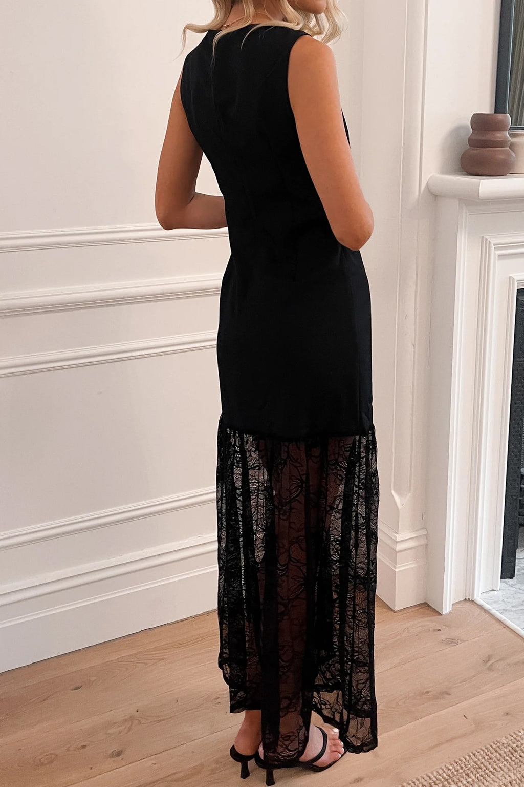 Black Sleeveless Sheer Floral Lace Patchwork Maxi Dress Women S-XL