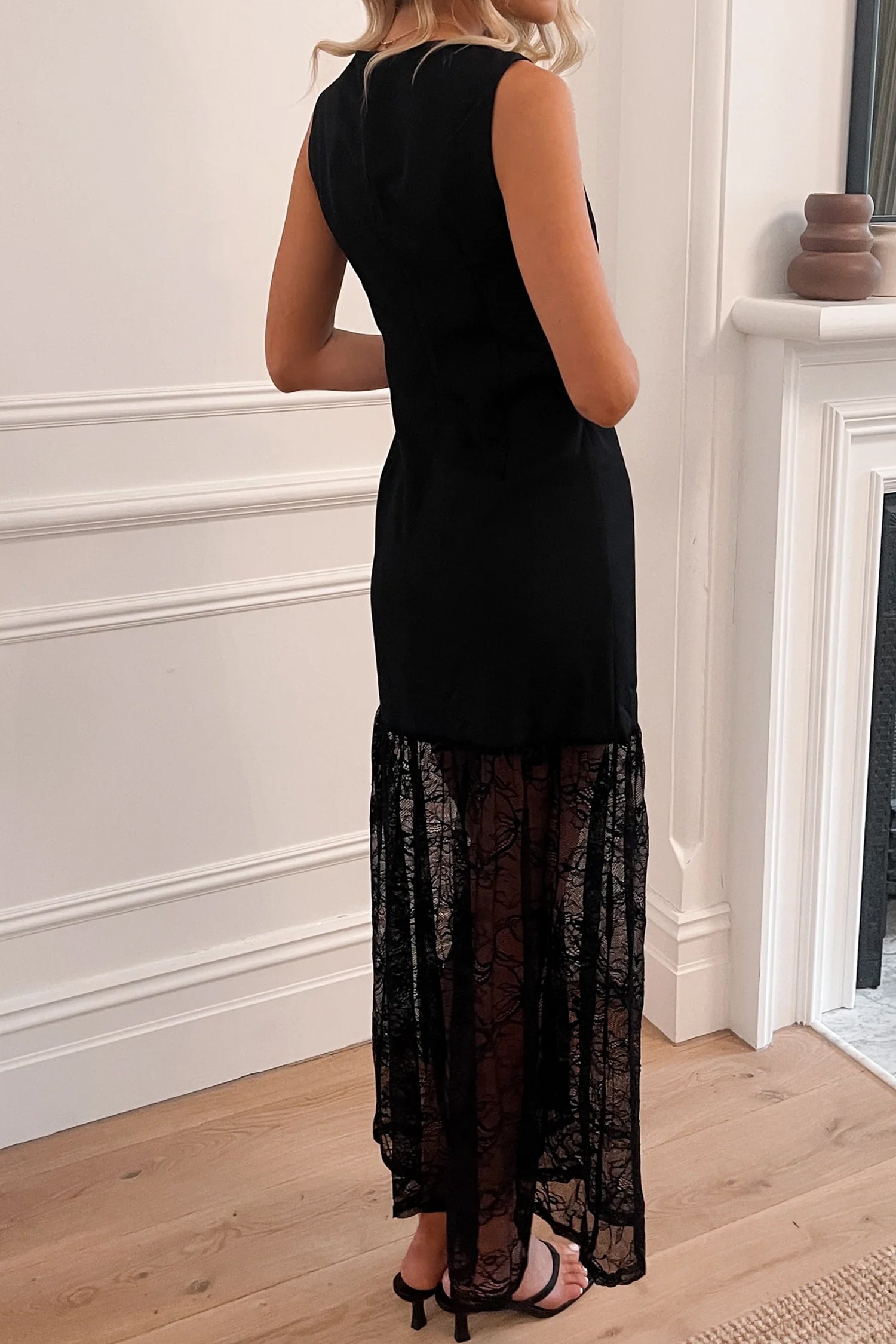 Black Sleeveless Sheer Floral Lace Patchwork Maxi Dress Women S-XL