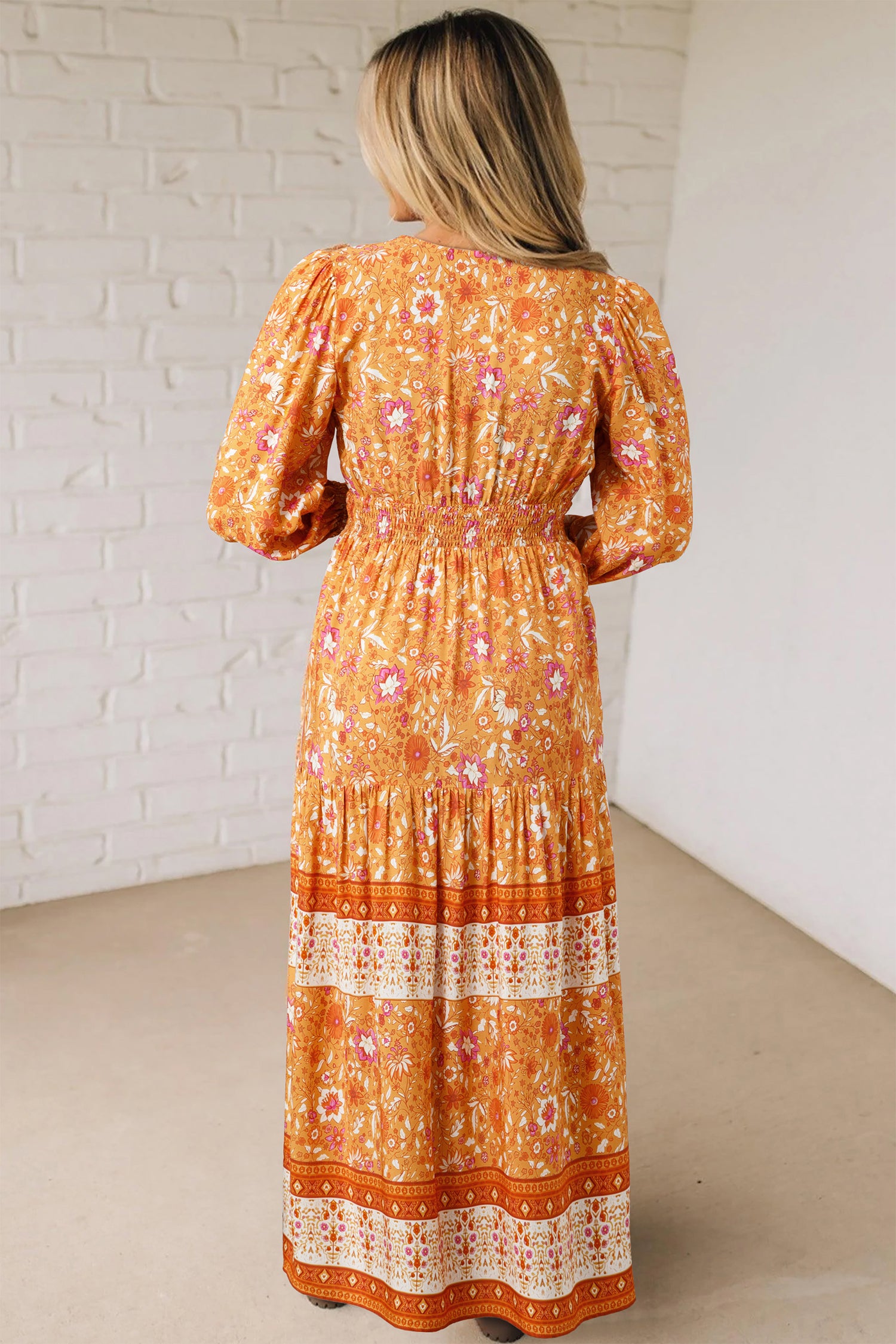 Women's Orange Floral Boho Maxi Dress Smocked Waist Puff Sleeve Tiered S-XL at LivelyLooks