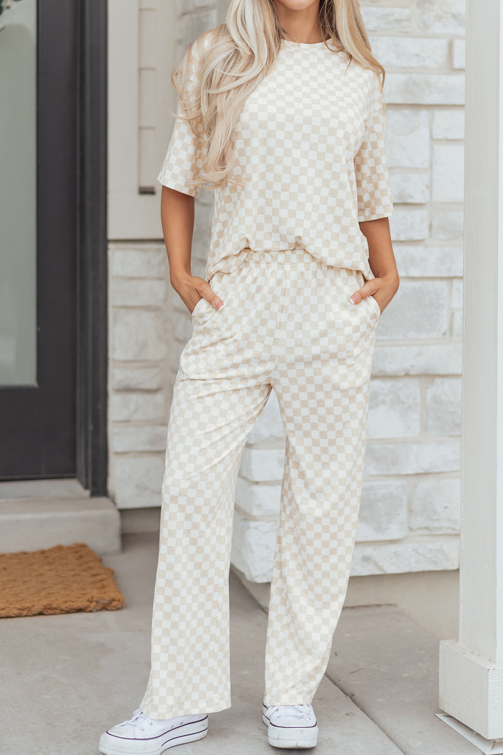 Shop Khaki Checkered Print Half Sleeve Tee & Wide Leg Lounge Pant Set | UK 8-22 at LivelyLooks