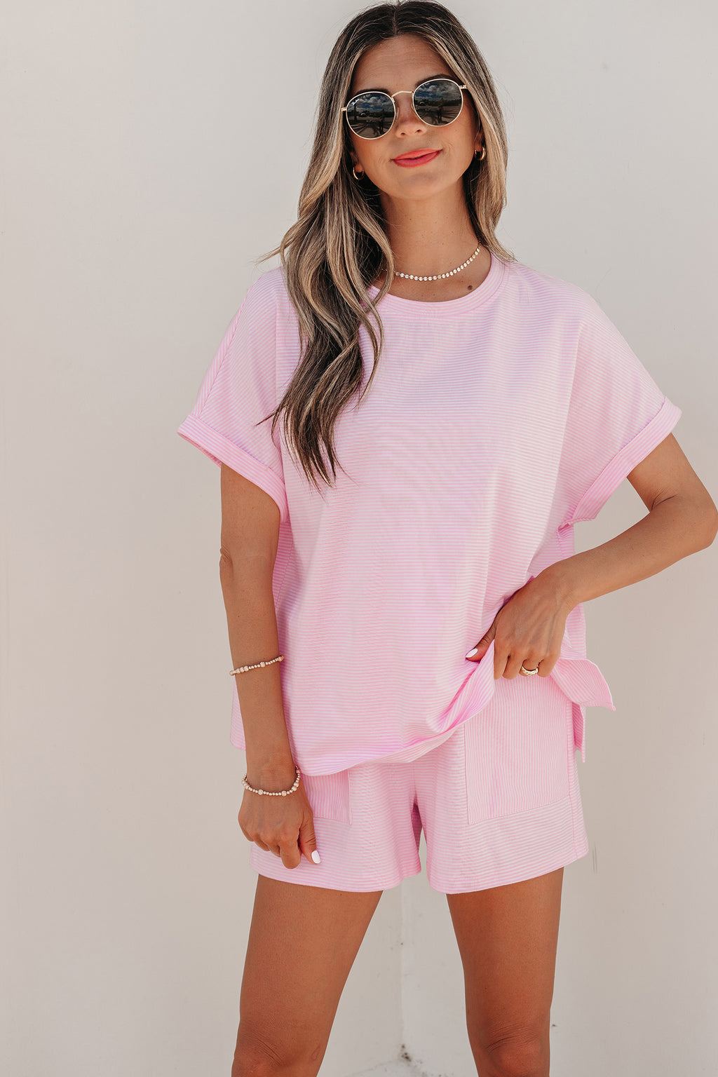 Pink Stripe Matching Oversized Tee & Drawstring Shorts Co-ord Set