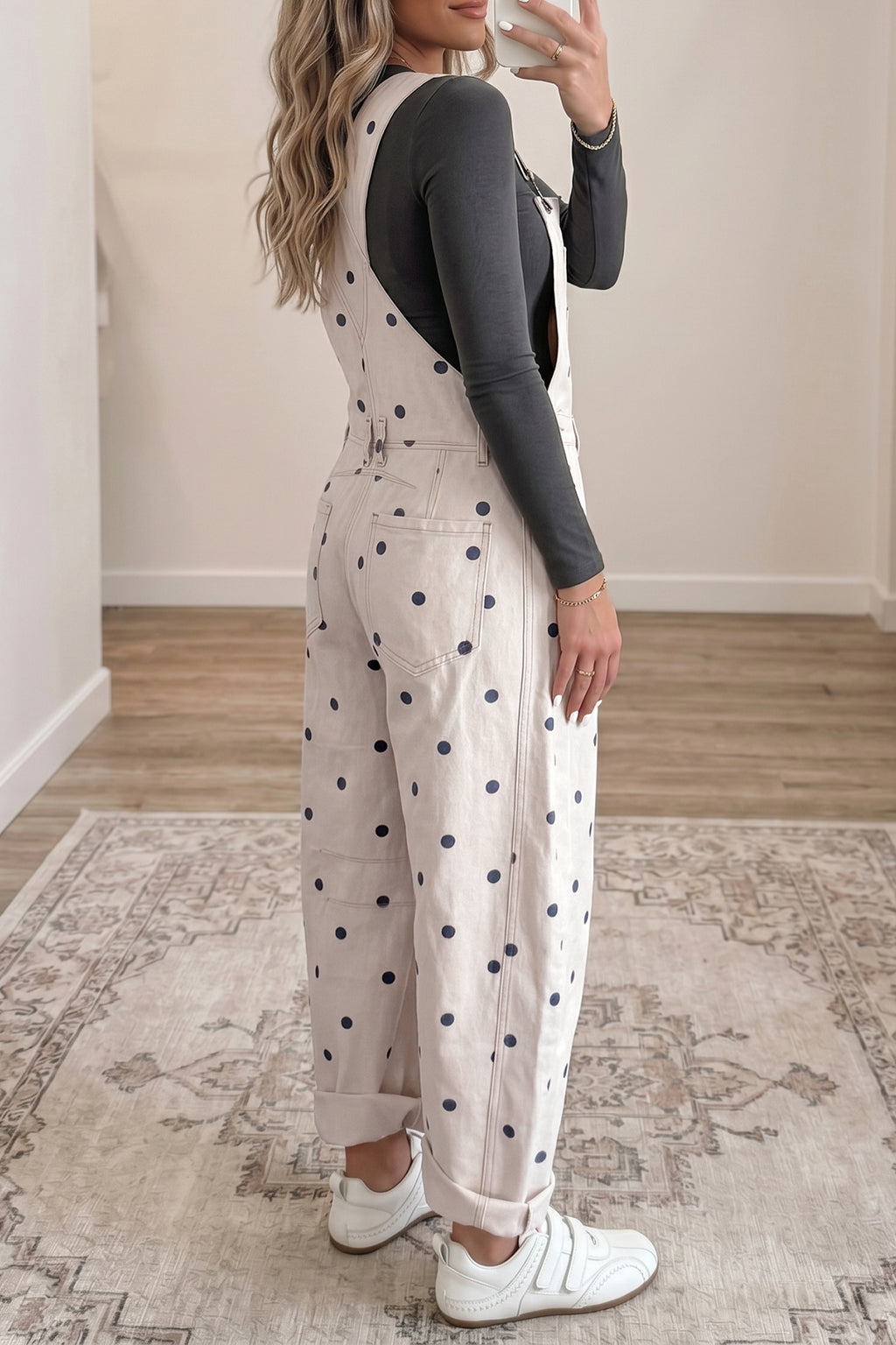 Polka Dot Denim Barrel Overalls Jumpsuit | Cream Beige Pink UK 8–22