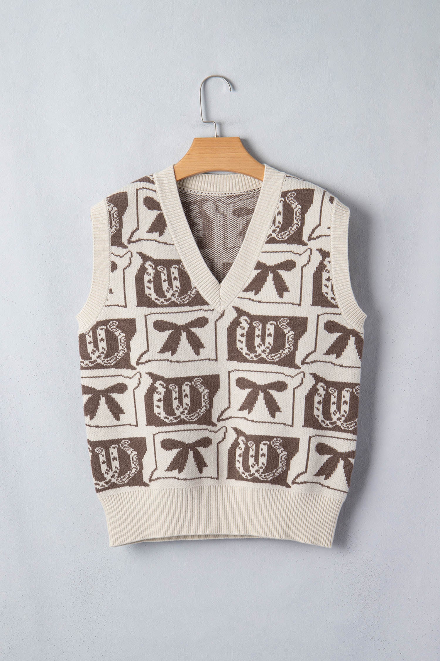 Women's Brown Western Horseshoe Bow Print V Neck Loose Sweater Vest at LivelyLooks