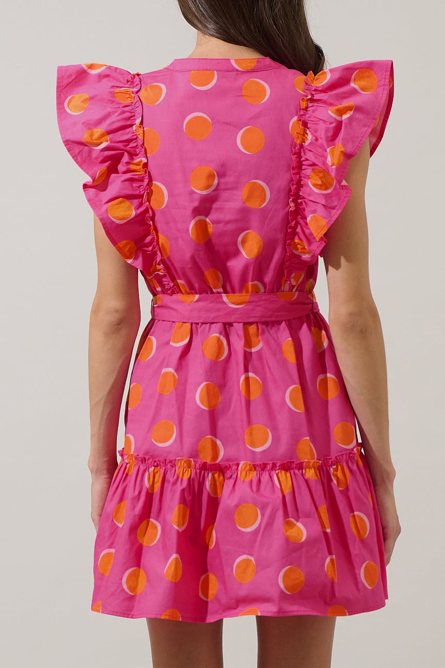 Rose Polka Dot V-Neck Ruffle Short Sleeve Knot Waist Mini Dress
