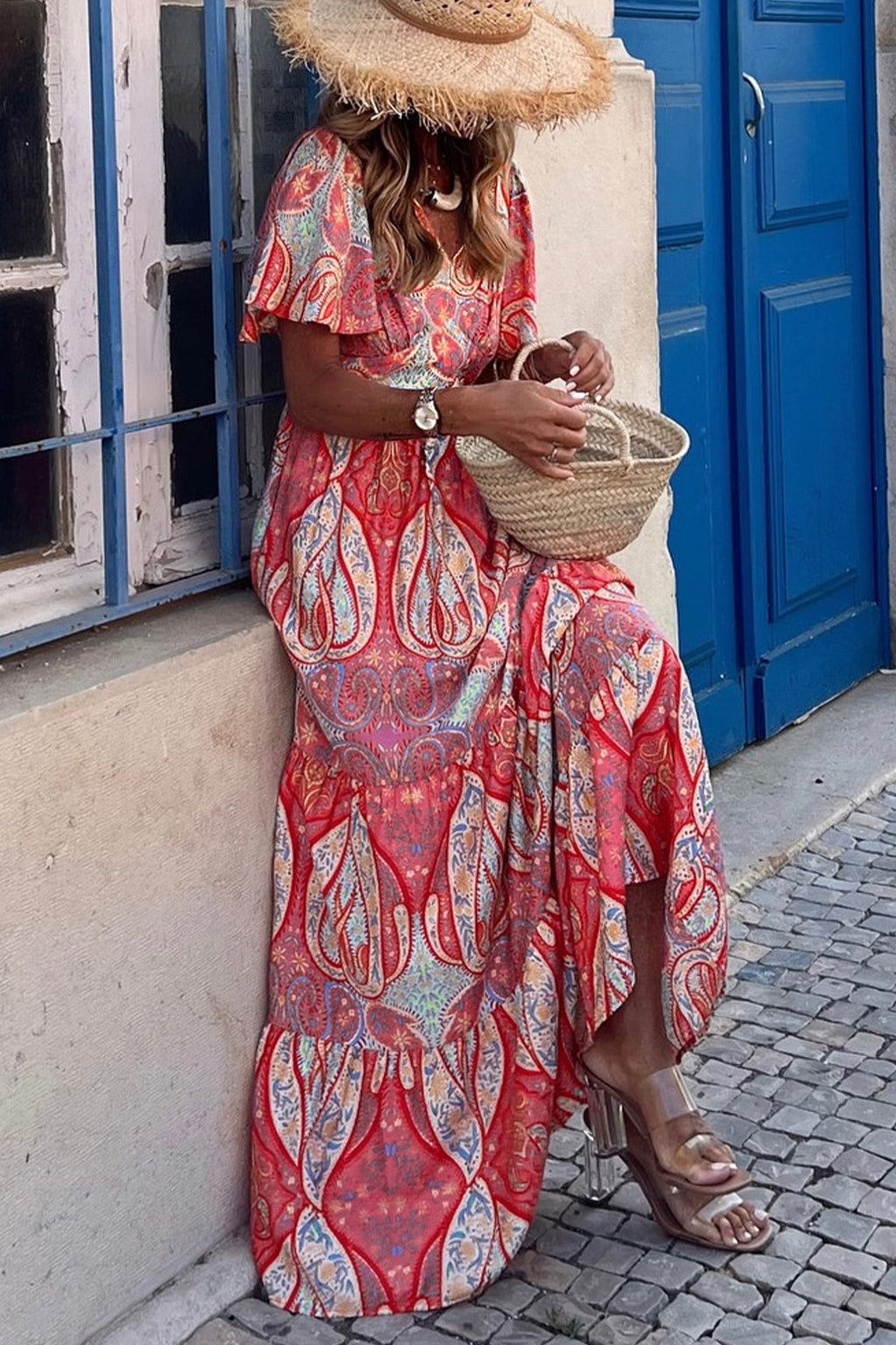 Multicolour Paisley Print V-Neck Flutter Sleeve Boho Maxi Dress