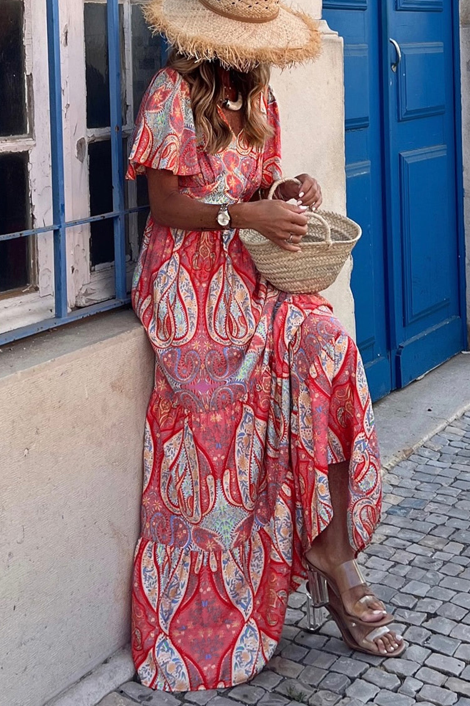 Multicolour Paisley Print V-Neck Flutter Sleeve Boho Maxi Dress