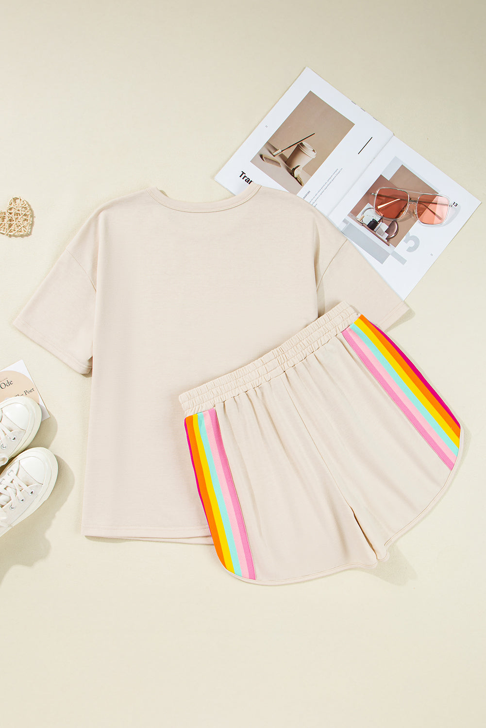 Vibrant Striped Athleisure Short Set | Rose Red & Beige