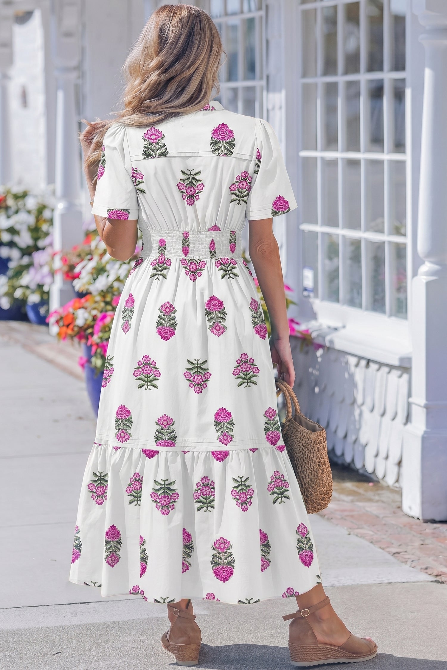 Floral Print Split Neck Shirred High Waist Ruffle Hem Maxi Dress | White & Green | UK 8–22