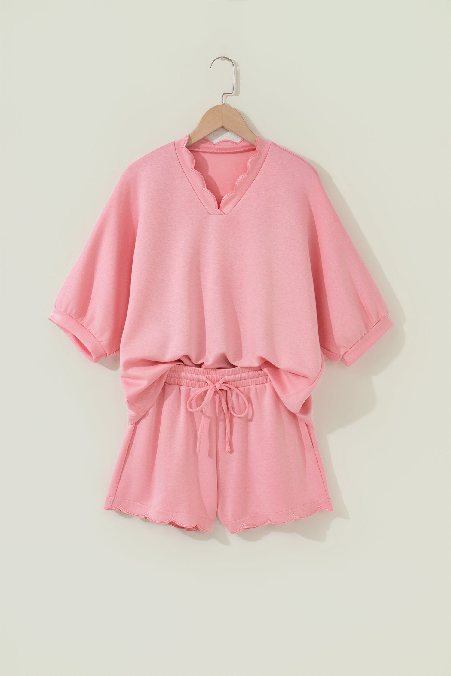 Gossamer Pink Scalloped V-Neck Dolman Top & Shorts Co-ord Set S-XL