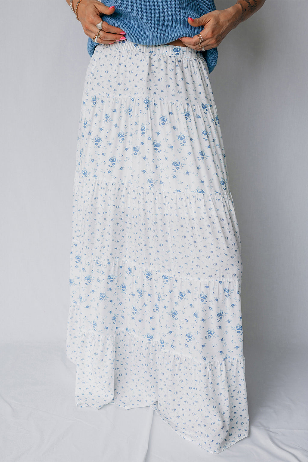 Women's Women's Boho Floral Tiered Maxi Skirt Patchwork Ruffled Elastic Waist White S-XL at LivelyLooks