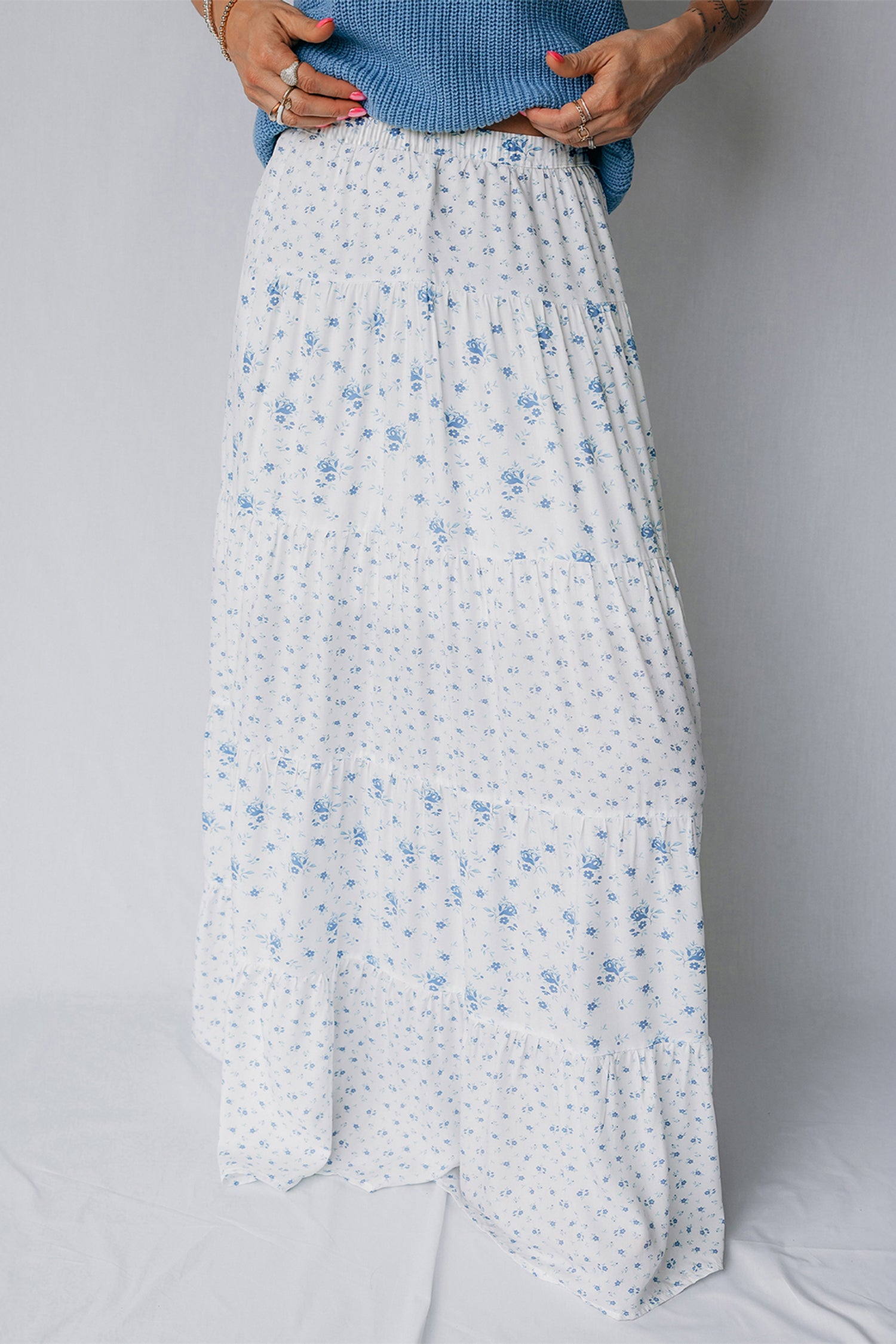 Women's Women's Boho Floral Tiered Maxi Skirt Patchwork Ruffled Elastic Waist White S-XL at LivelyLooks