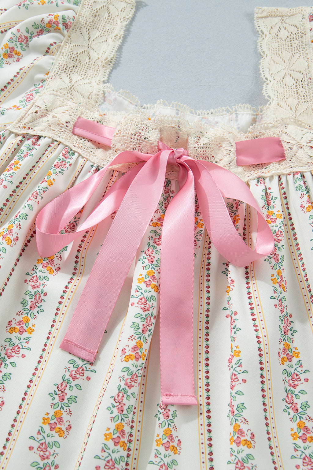 Multicolour Floral Ribbon Bow Lace Trim Square Neck Babydoll Mini Dress