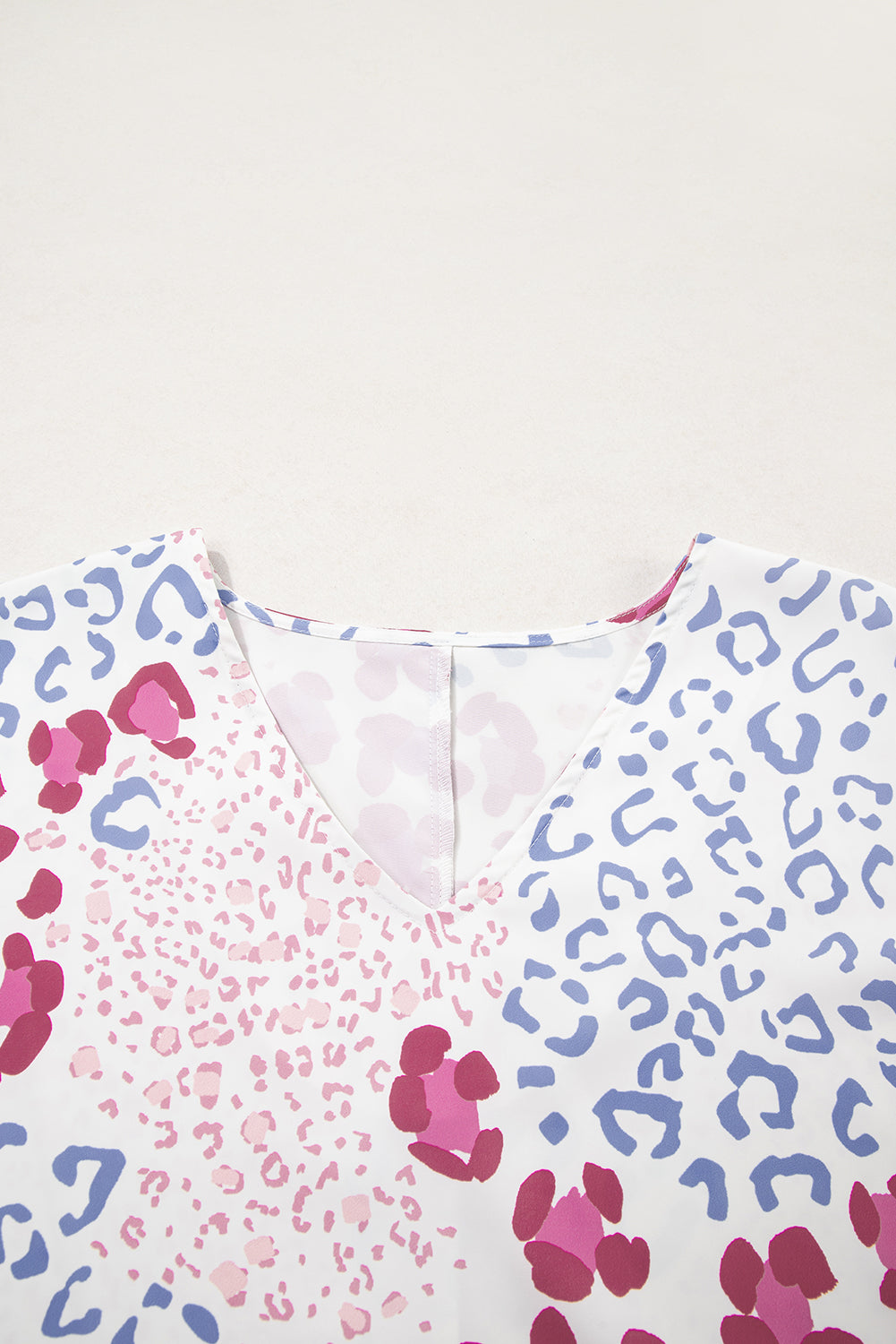 Leopard Print V Neck Blouse Short Sleeve Sky Blue Pink Green Women S-XL