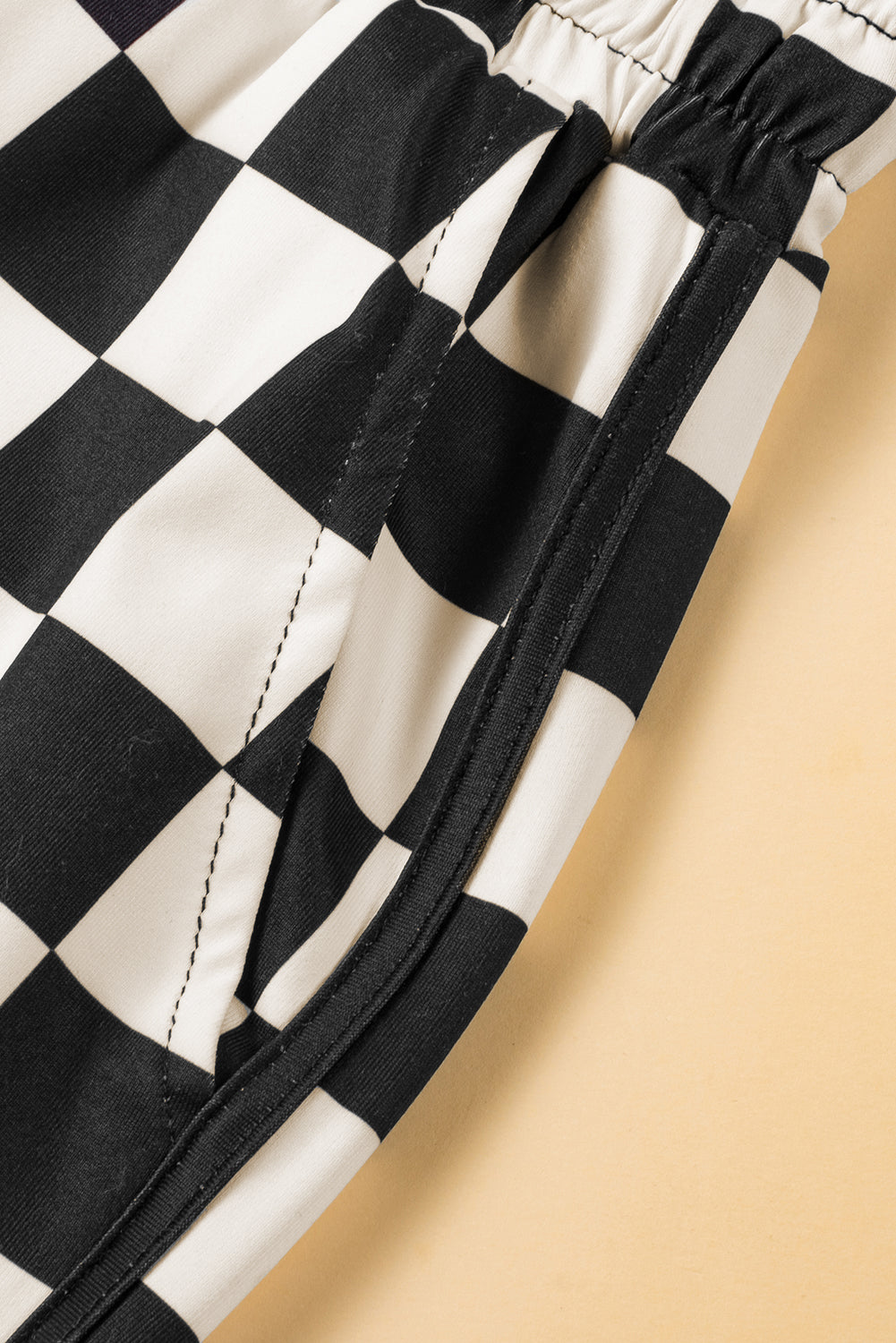 Black Checkered Casual Shorts Drawstring Elastic Waist Women S-2XL