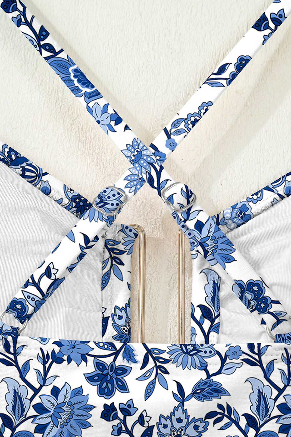 Blue Floral Print Hardware Accent Notched Neck High Waist Bikini Set