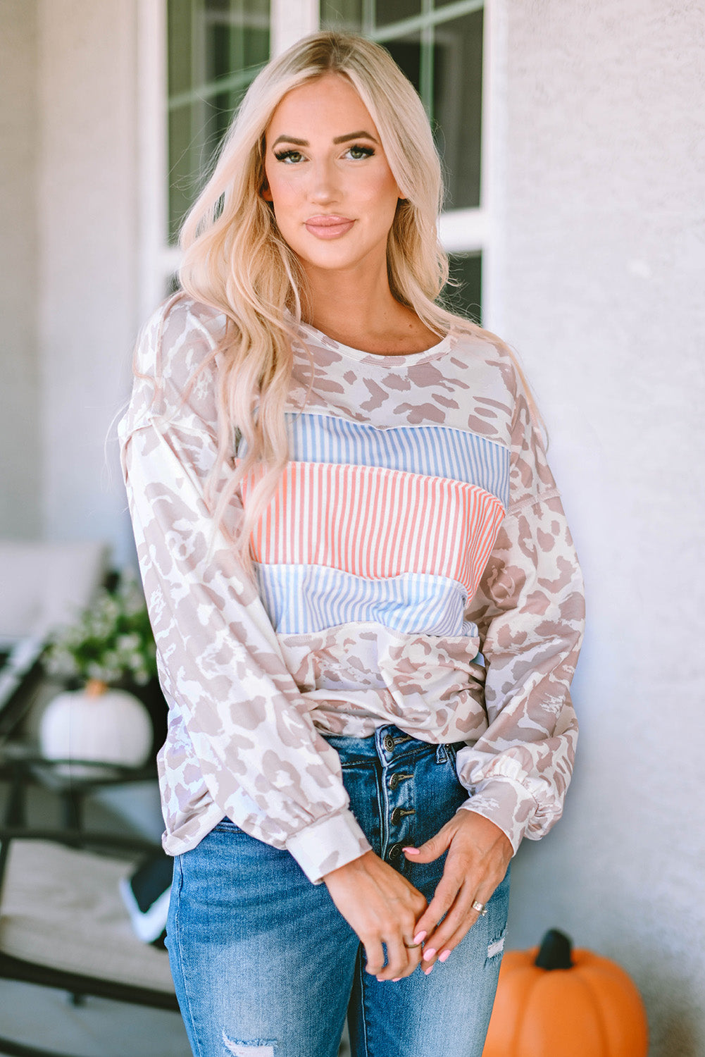 Leopard Print Puff Sleeve Knit Top Contrast Stripe Patchwork Women S-XL