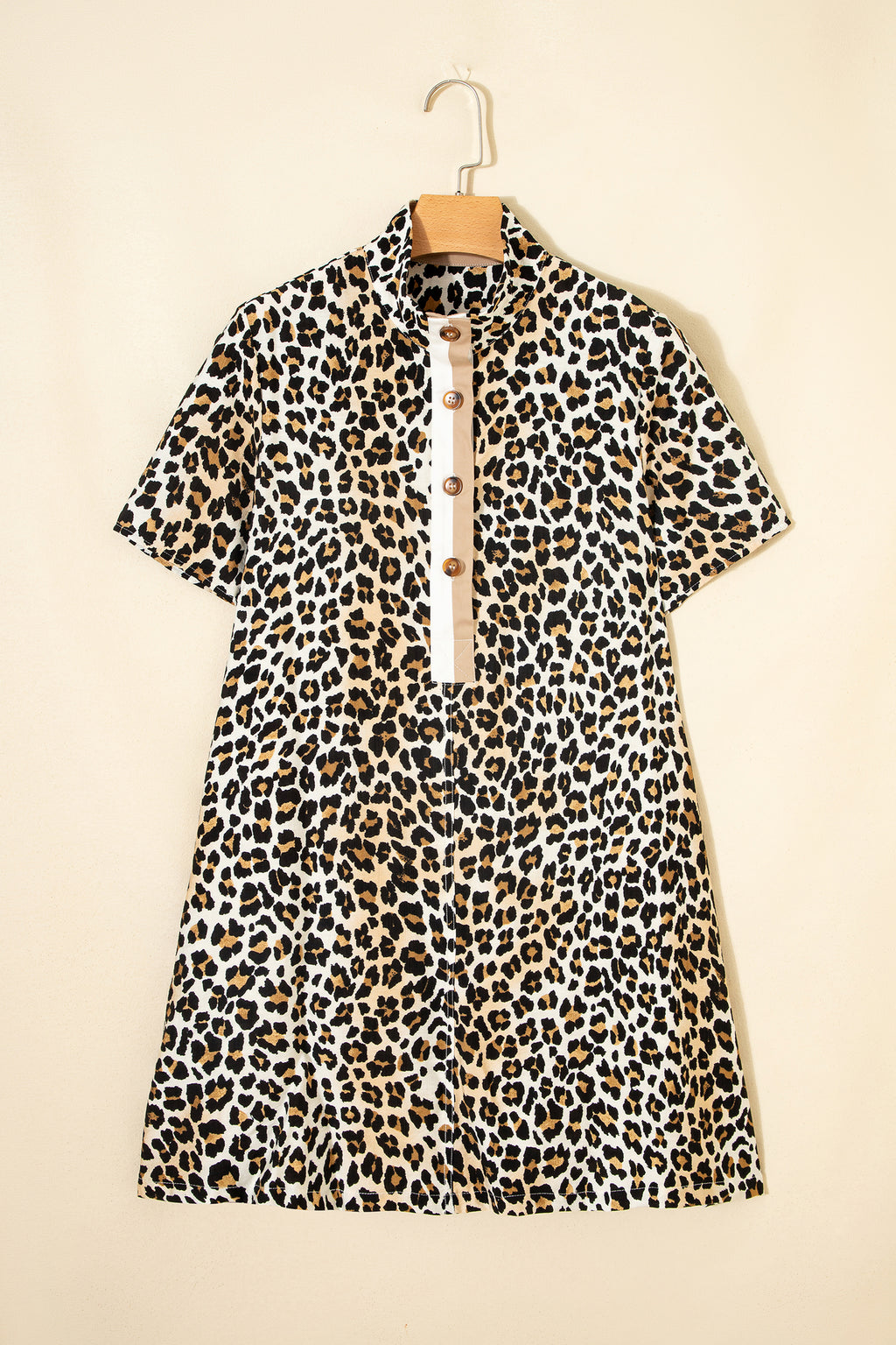 Women's Multicolour Half Buttons Short Sleeve Loose Leopard Mini Dress with Pockets at LivelyLooks