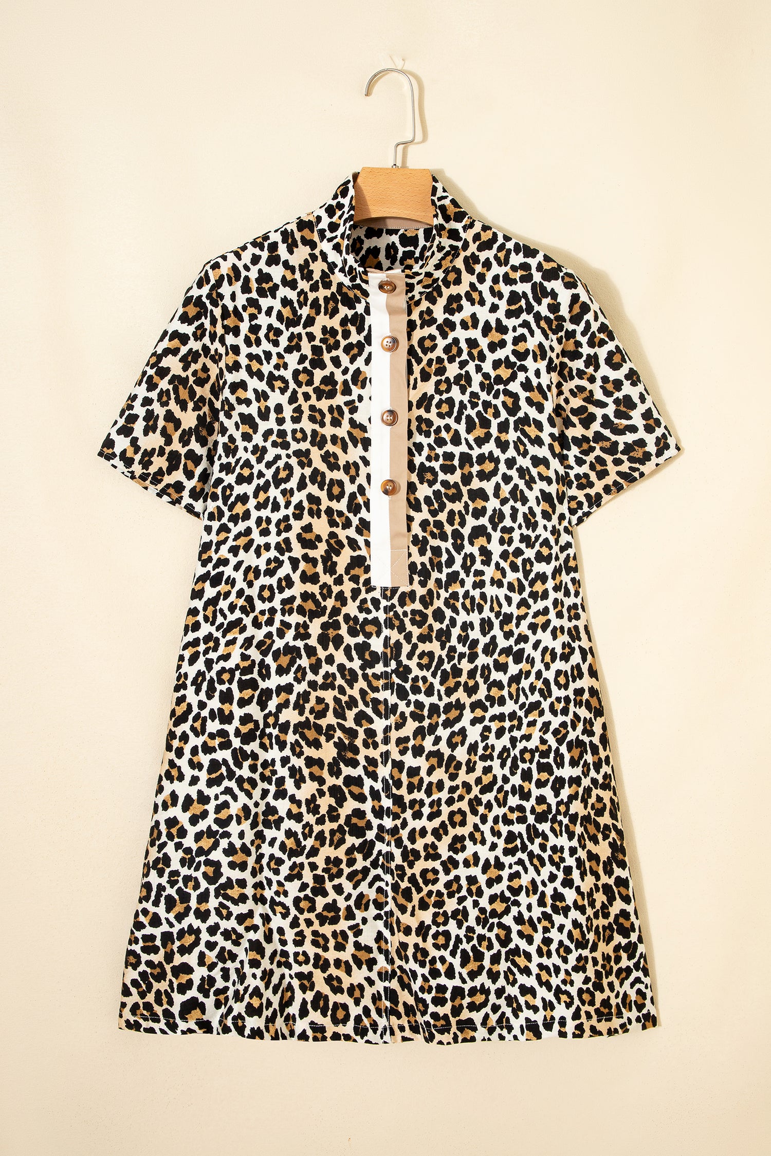 Women's Multicolour Half Buttons Short Sleeve Loose Leopard Mini Dress with Pockets at LivelyLooks