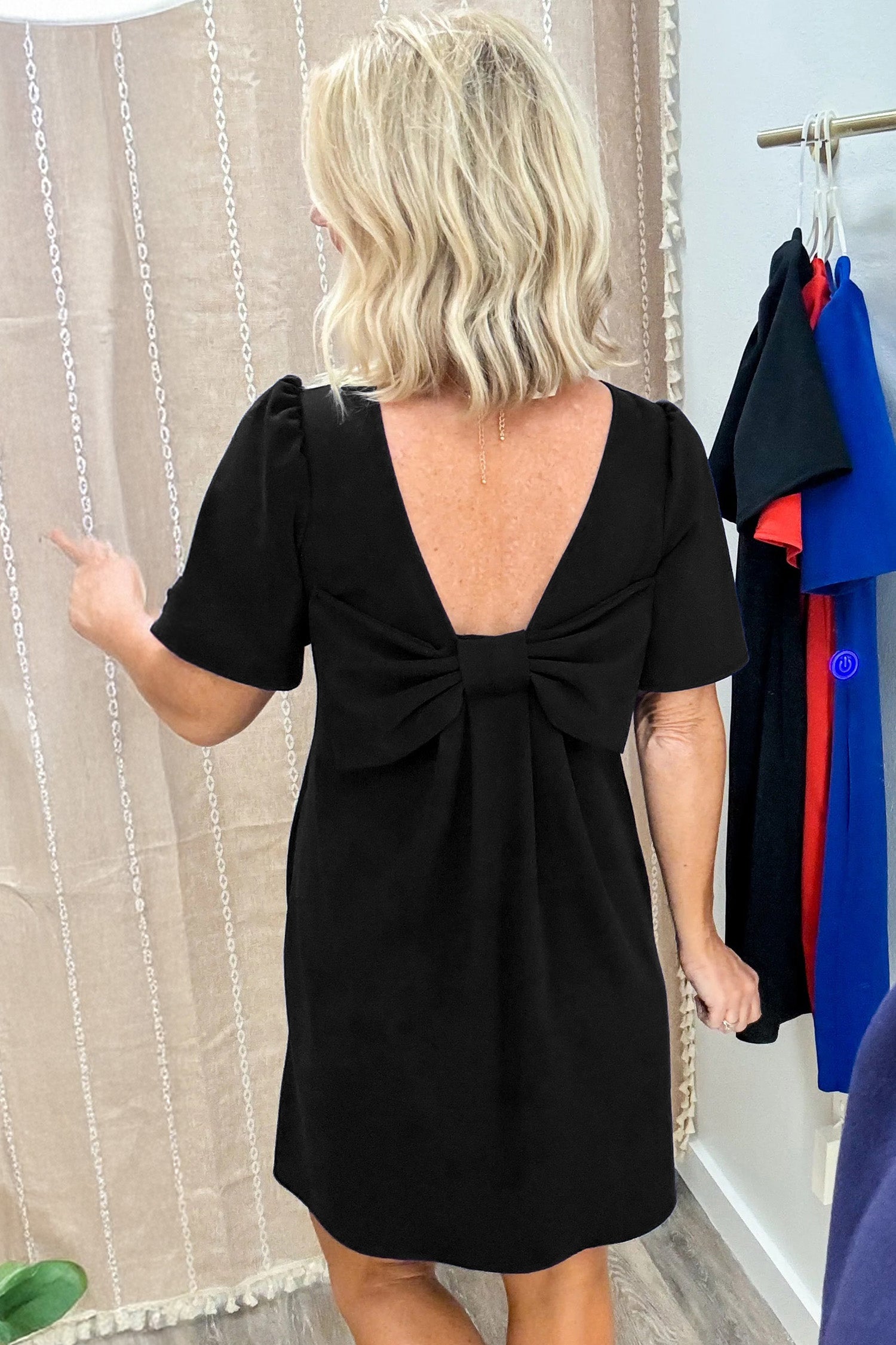 Black Bow Decor Backless Short Sleeve Shift Mini Dress S-XL