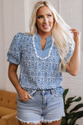 Blue Floral Striped Contrast Ric-Rac Trim Puff Sleeve Top