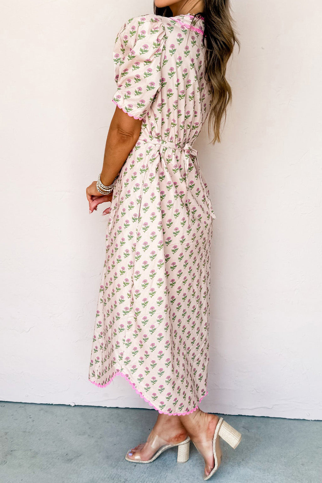Women's Pink Floral V-Neck Scallop Trim Button Front Short Sleeve Maxi Dress at LivelyLooks
