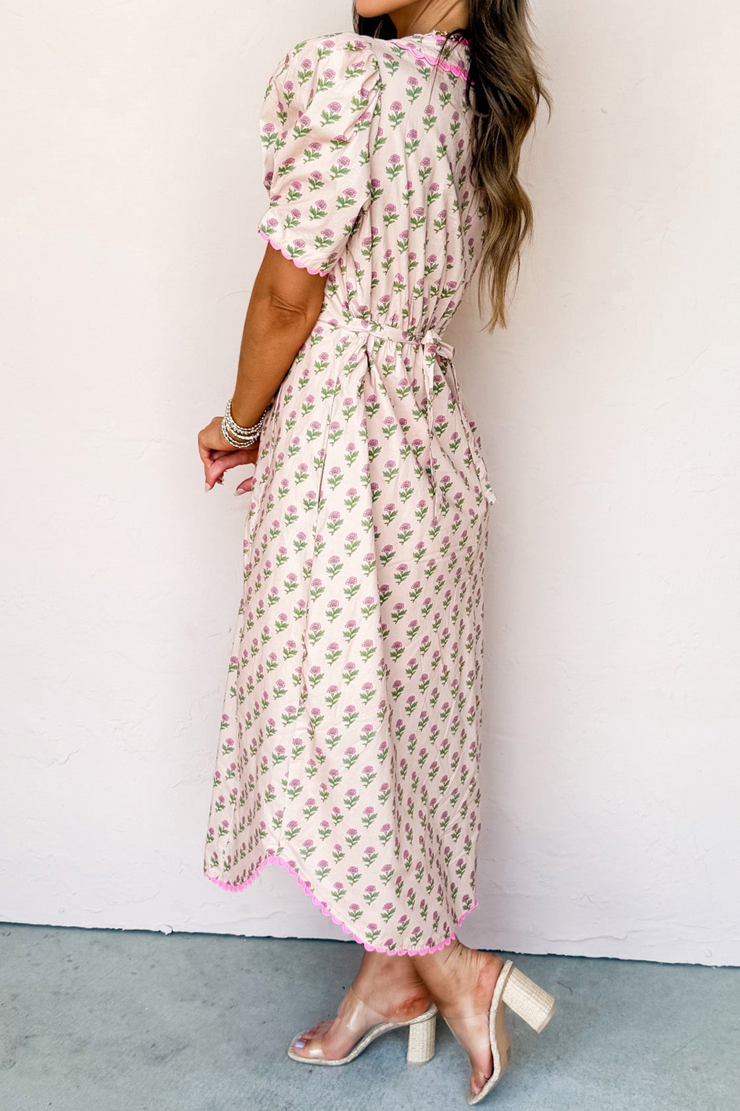 Women's Pink Floral V-Neck Scallop Trim Button Front Short Sleeve Maxi Dress at LivelyLooks