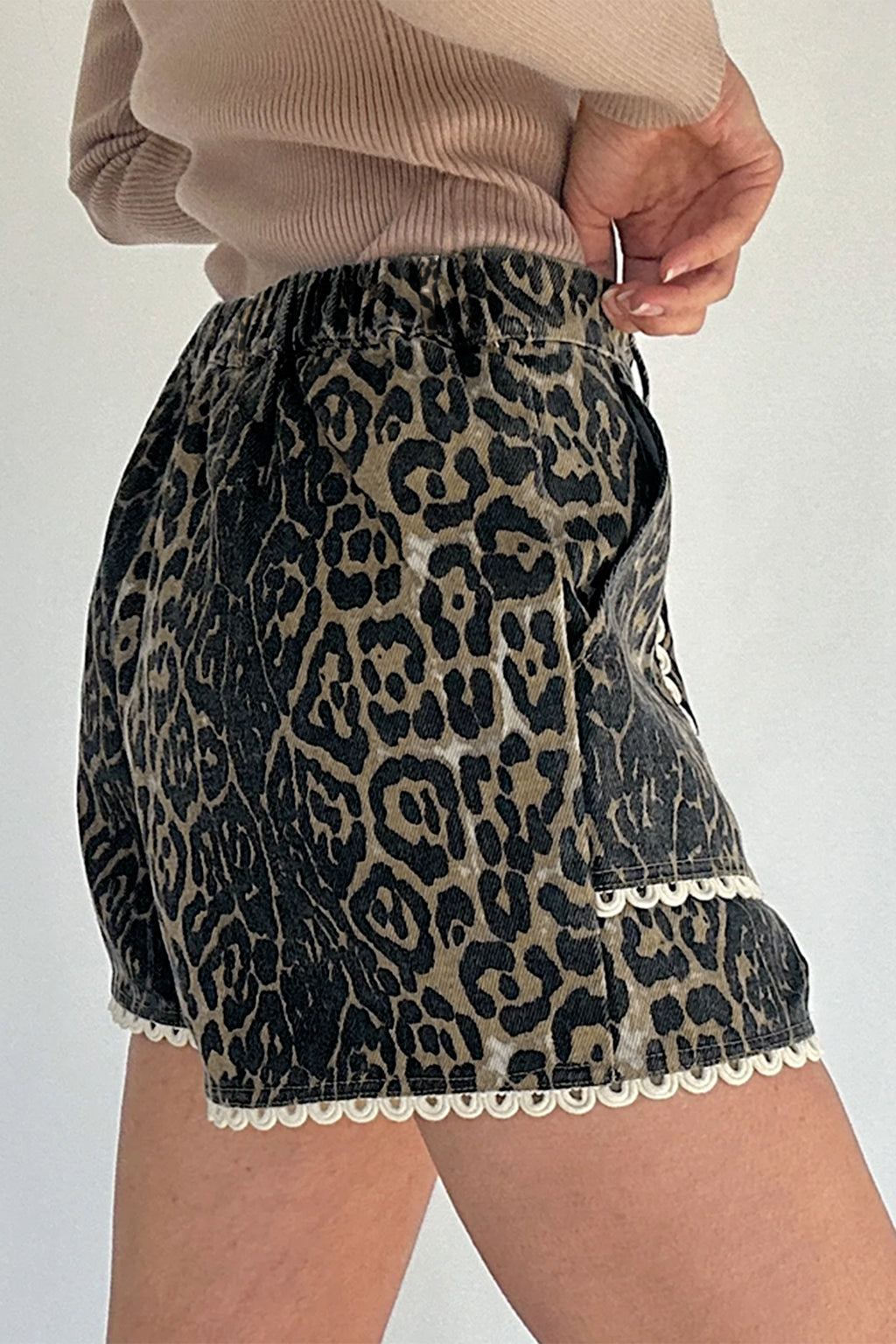 Shop Khaki Leopard Denim Shorts Scalloped Lace Trim Women S-XL at LivelyLooks