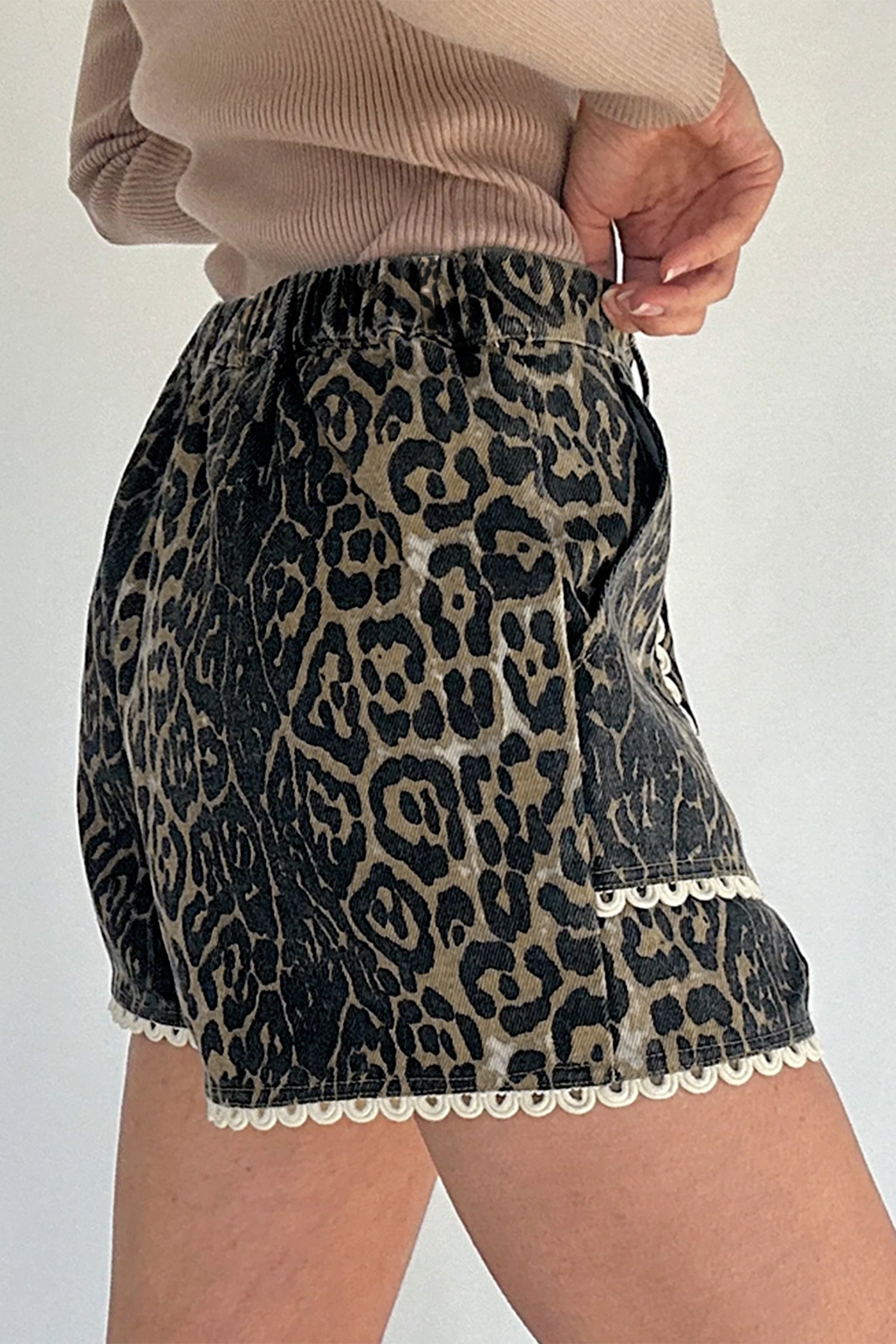 Shop Khaki Leopard Denim Shorts Scalloped Lace Trim Women S-XL at LivelyLooks