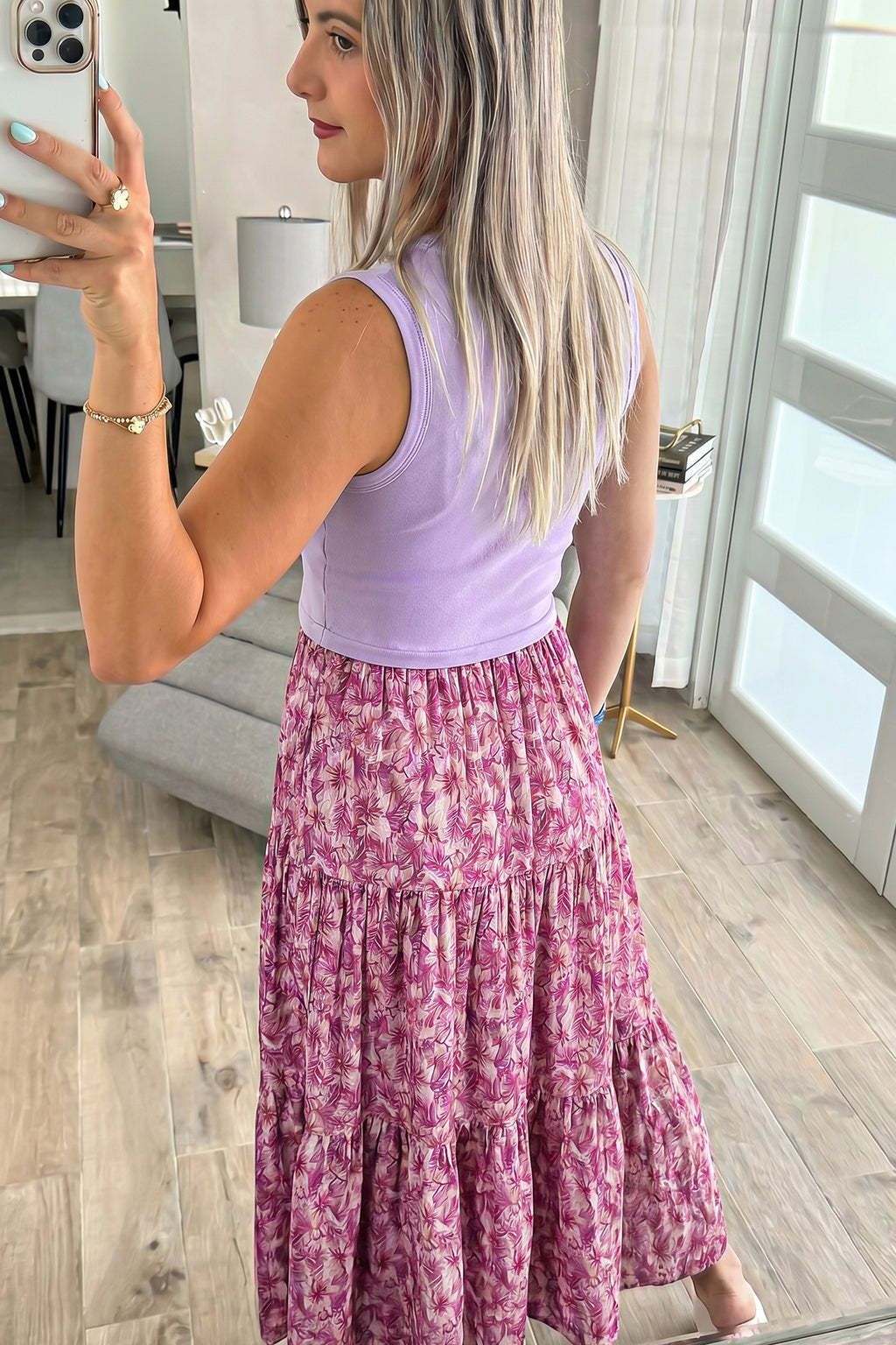 Purple Ribbed V Neck Tank Floral Contrast Patchwork Long Dress S-XL