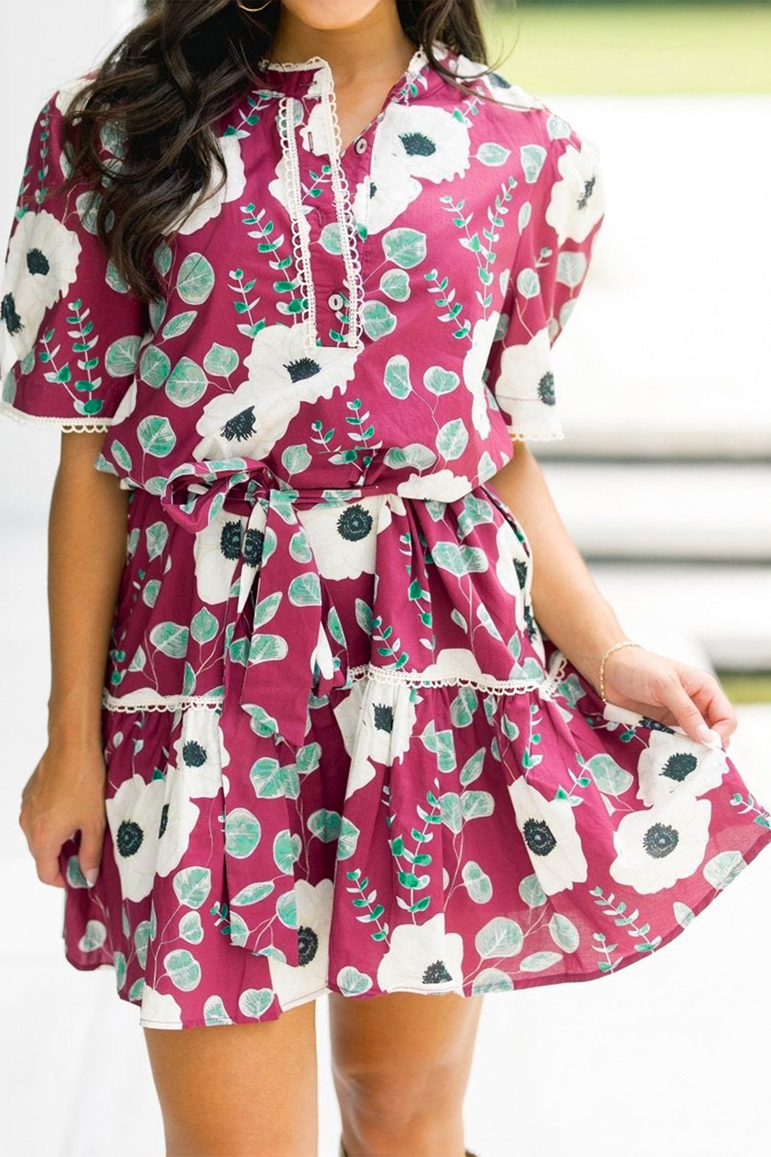 Red Floral Print Trimmed Short Puff Sleeve Belted Mini Dress | UK 8–22
