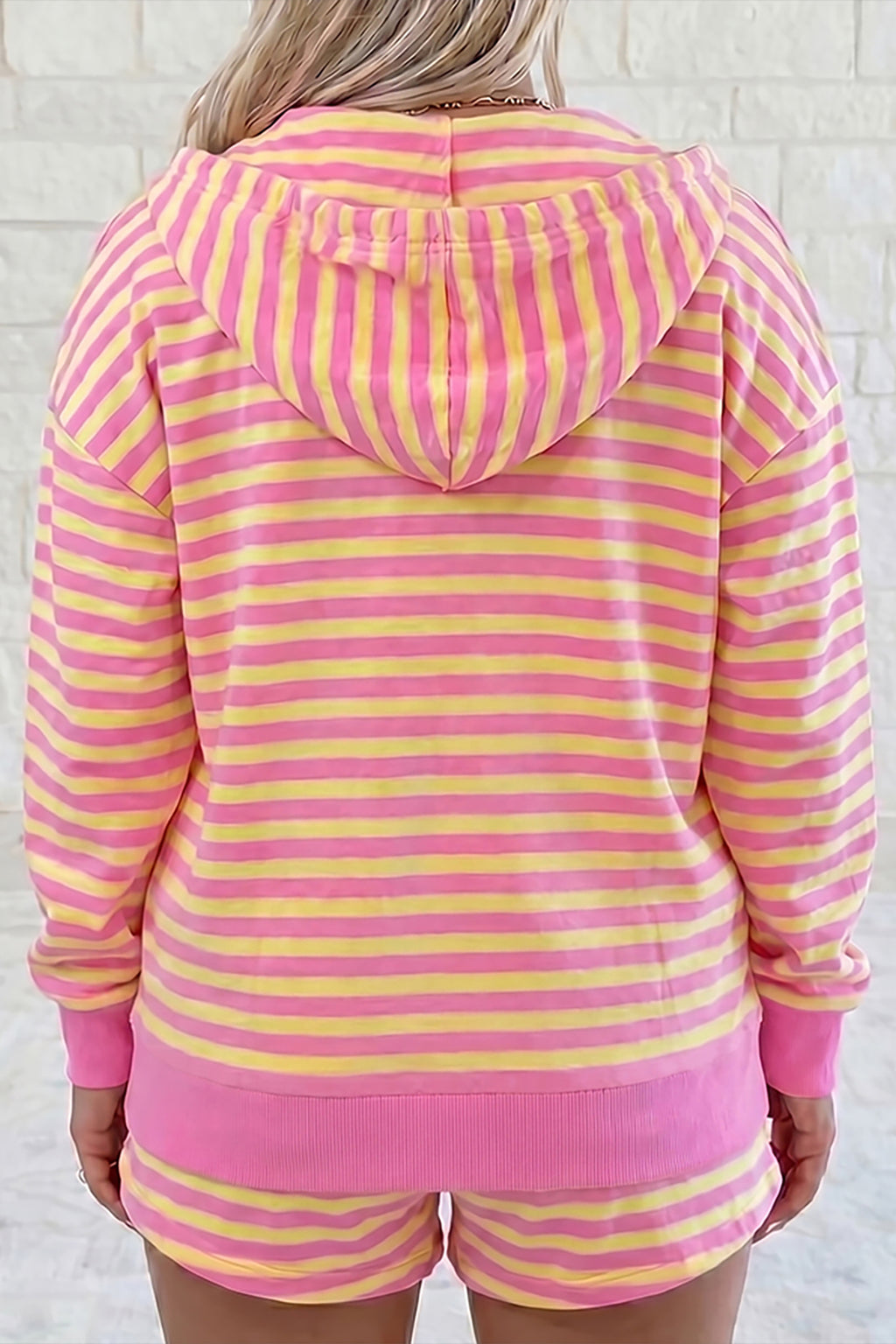 Rose Red Striped Long Sleeve Zip-Up Hoodie & Drawstring Shorts Set | UK 8–22