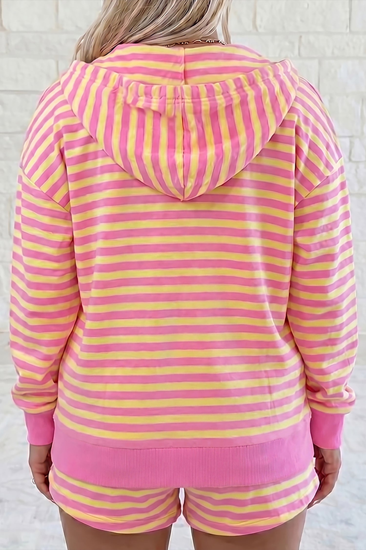 Rose Red Striped Long Sleeve Zip-Up Hoodie & Drawstring Shorts Set | UK 8–22