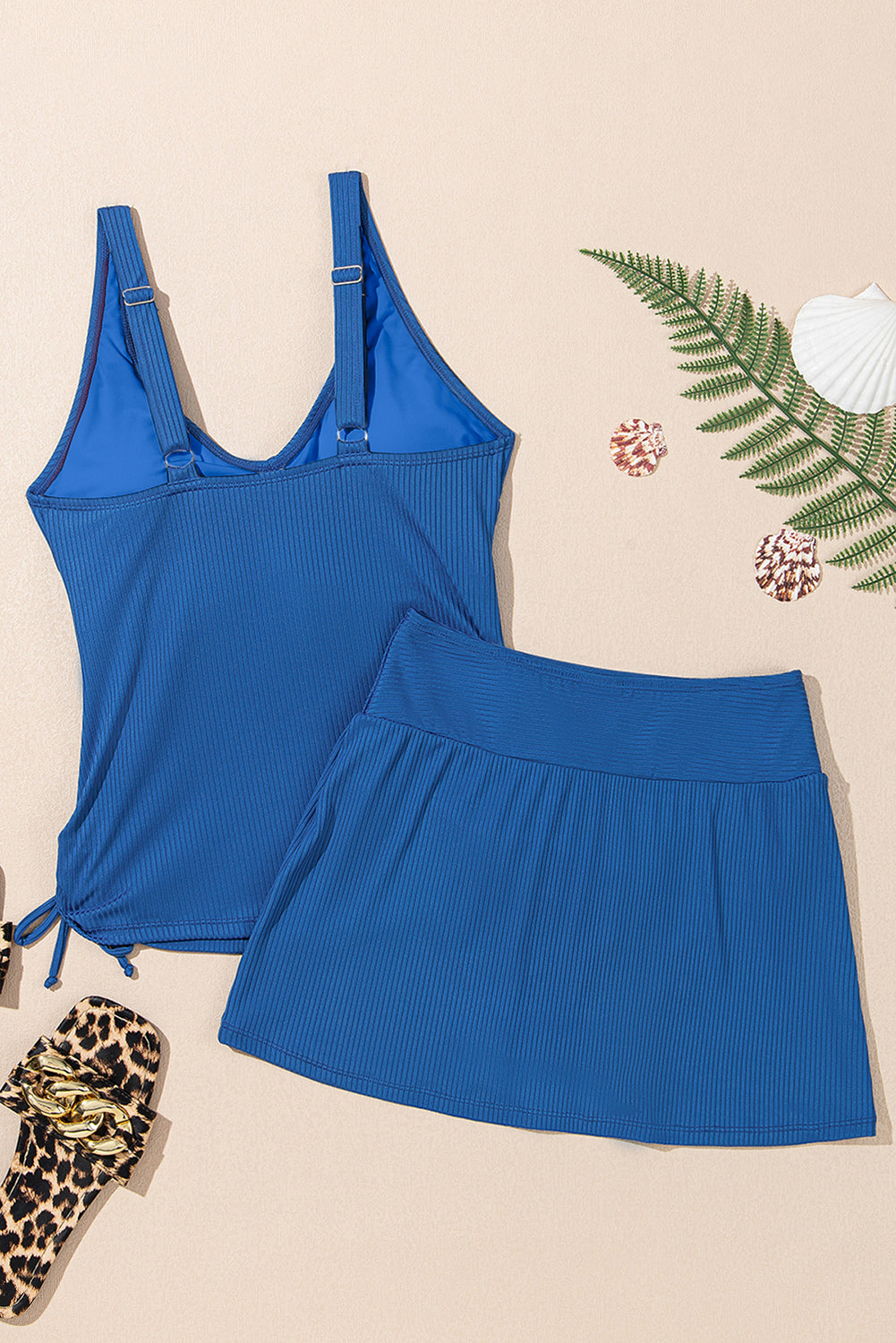 Ribbed Knit Crossed Tank & Skort Tankini Set | Blue, Black, Burgundy & Navy | UK 8-22