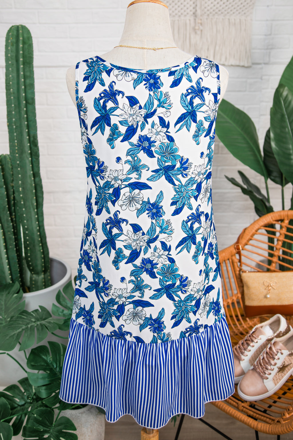 Sky Blue Floral U Neck Sleeveless Striped Ruffle Hem Patchwork Dress S-XL