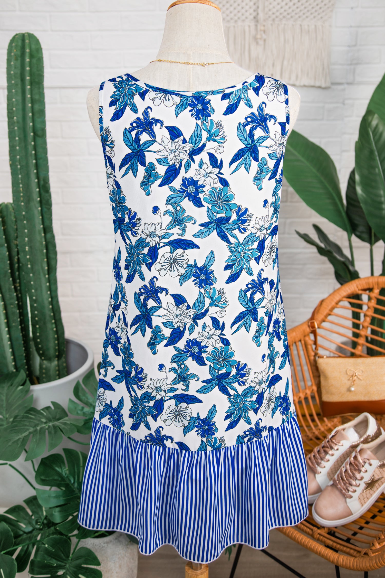 Sky Blue Floral U Neck Sleeveless Striped Ruffle Hem Patchwork Dress S-XL