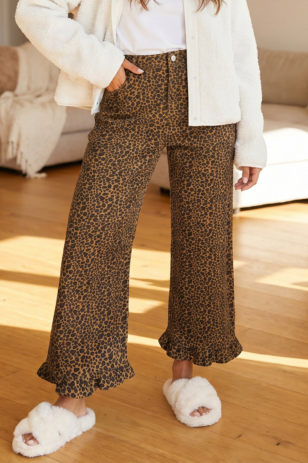 Brown Leopard Print Ruffled Hem Shift Jeans | UK 8–18