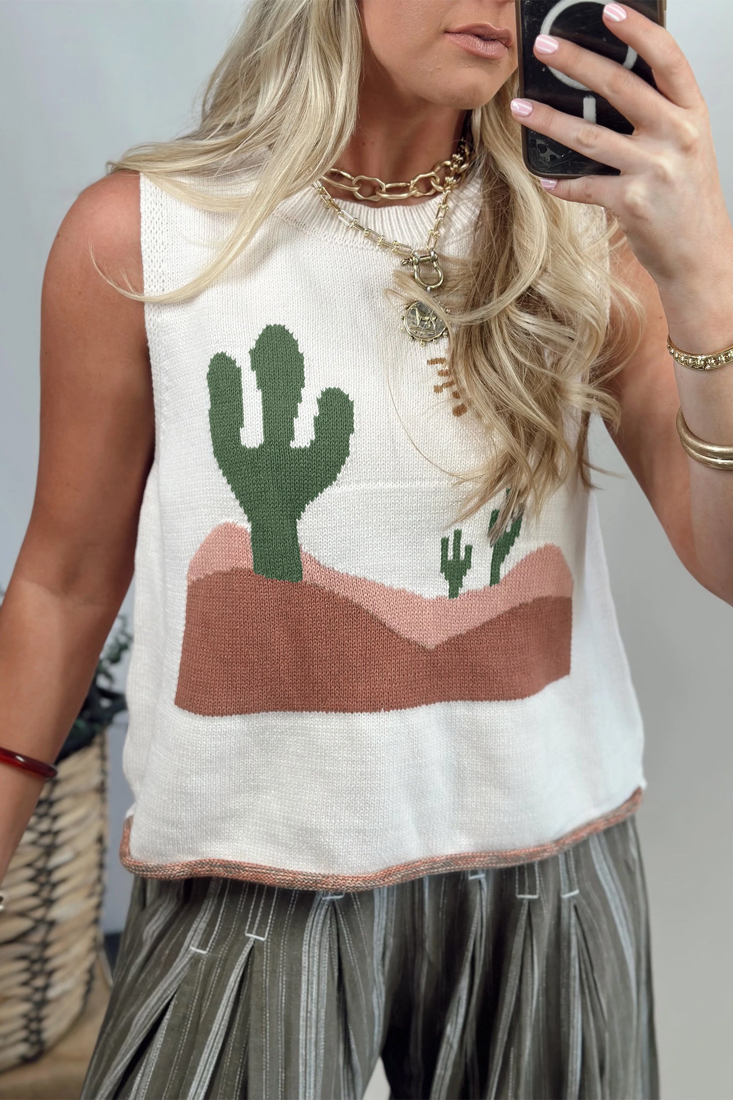 Multicolour Cactus Western Print Loose Sweater Vest